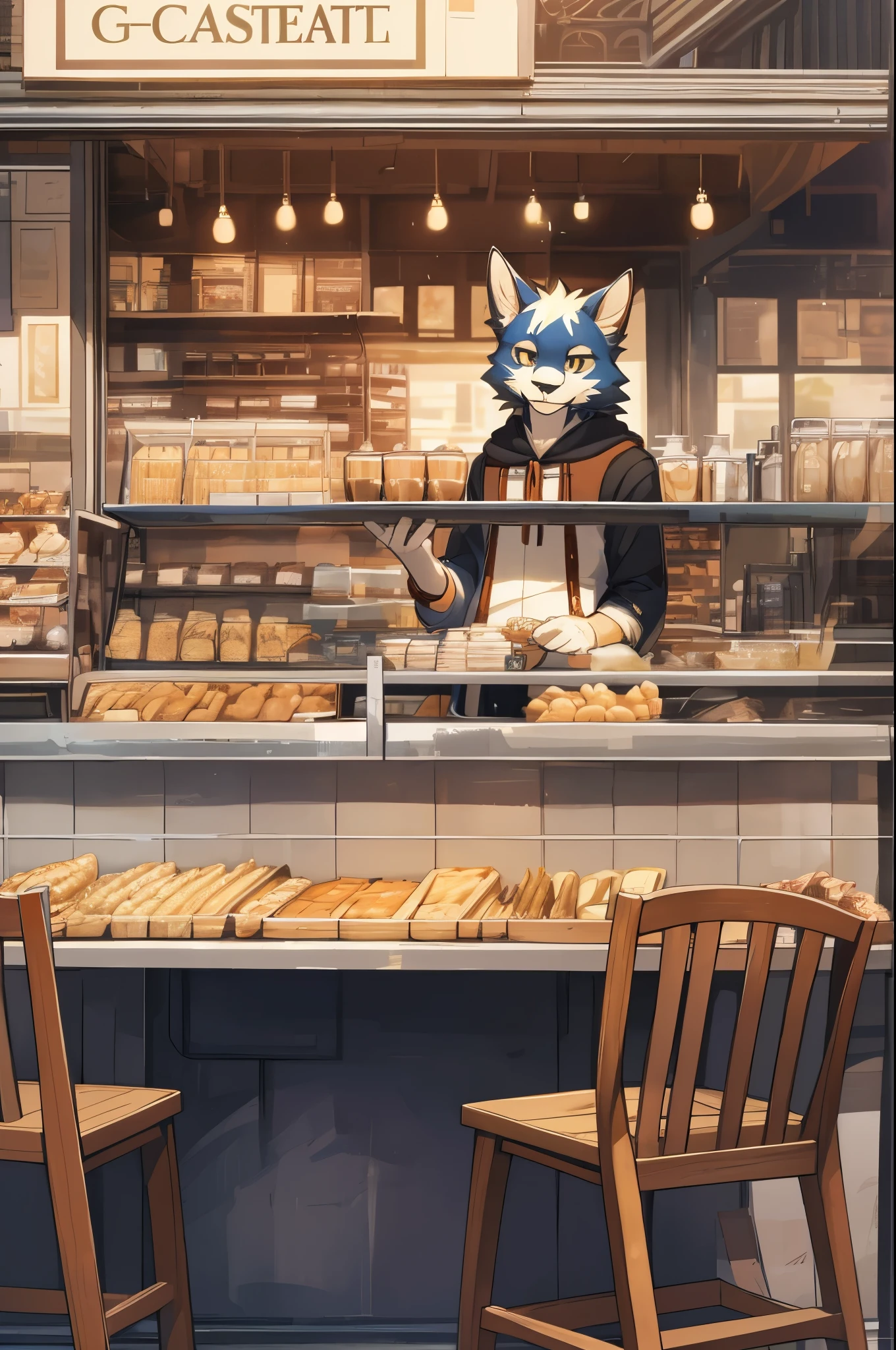 cover page, highres, top quality, best quality, paid reward available, unparalleled masterpiece, perfect artwork, absurdres, High-quality illustrations, super high resolution, detailed background, cafe, Terrace, drink, coffee, staff, absurdres, perfect anatomy, expression, good lighting, cinematic shadow(kemono, furry anthro),