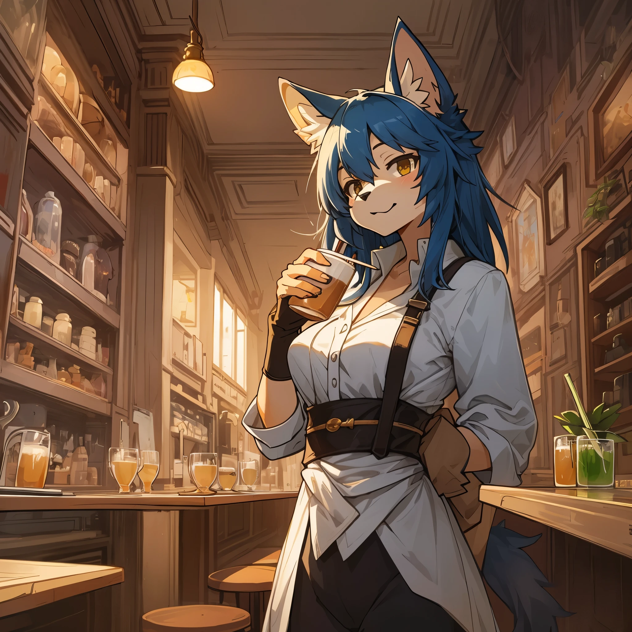 top quality, best quality, High-quality illustrations, masterpiece, super high resolution, detailed background, detailed background, cafe, Terrace, drink, coffee, staff, absurdres, perfect anatomy, expression, good lighting, cinematic shadow(kemono, furry anthro),