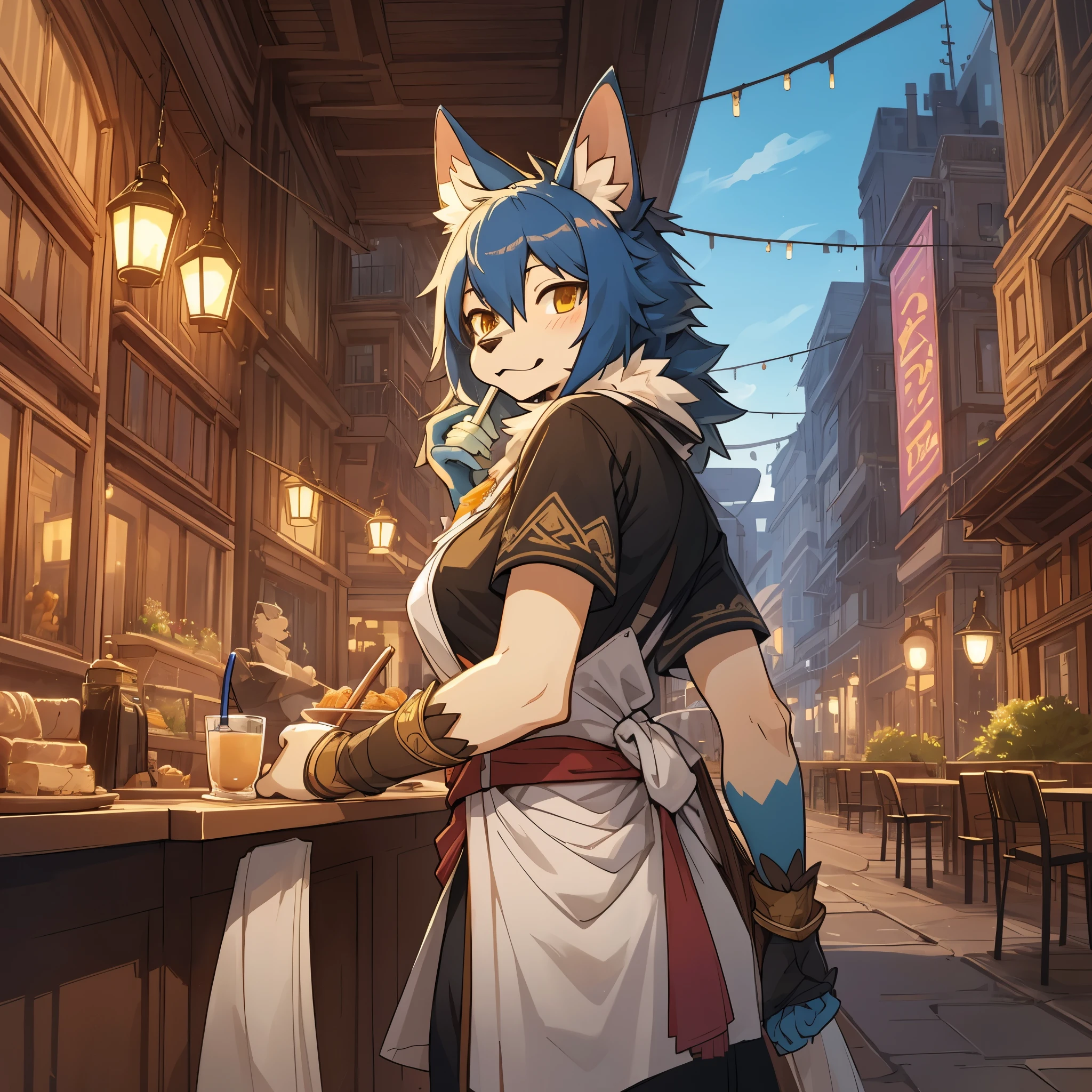 top quality, best quality, High-quality illustrations, masterpiece, super high resolution, detailed background, detailed background, cafe, Terrace, drink, coffee, staff, absurdres, perfect anatomy, expression, good lighting, cinematic shadow(kemono, furry anthro),