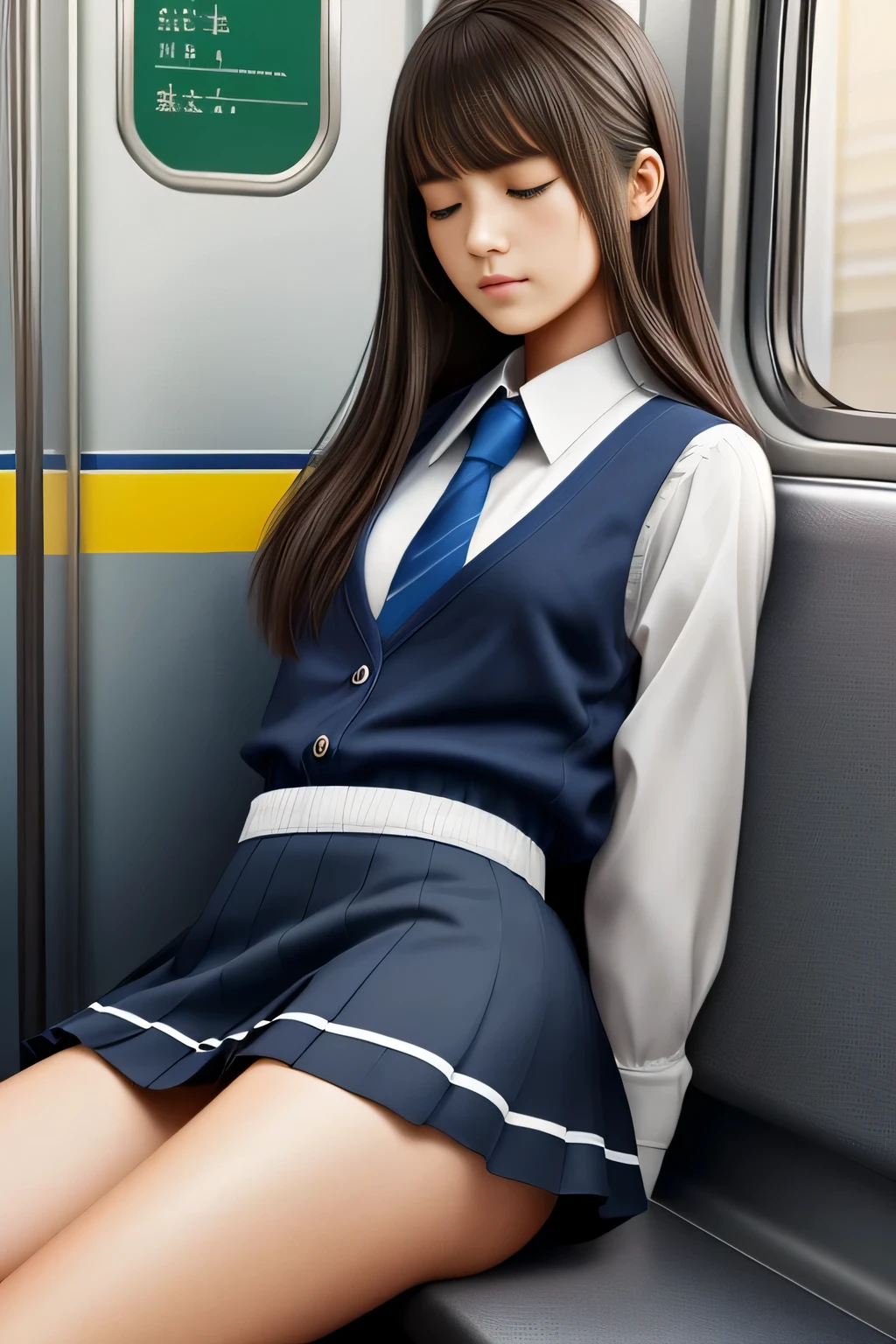 (realistic:1.3), face with shadow, written boundary depth, school uniform, 
beautiful detailed illustrations,great art,(((very detailed))),
one girl sitting,bangs,high school girl,sleep,closed my eyes,white panties,skirt,
cowboy shot,from before
,(((very detailed))),in the train, a young woman is sleep contentedly. Through the gap between her legs and skirt, I can see her panties. the vehicle is shaking, Calm facial expressions and gentle breathing、、It creates a peaceful atmosphere
,(((very detailed)))
