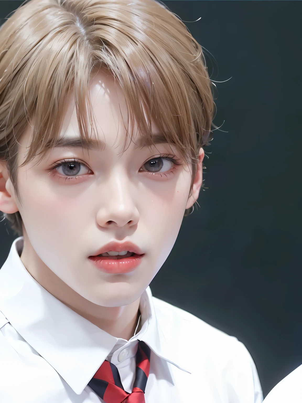 there is a man with a tie and a white shirt, Kim Doyoung, Cai Xukun, Jungkook, adorable and pale korean face, Jimin, Jimin\the right eyelid is swollen, accurate Jimin face, jia, Jimin\the full lips, inspirado em Bian Shoumin, Jung Jaehyun, Yanjun Chengt, ironic smile, tem um olhar penetrante