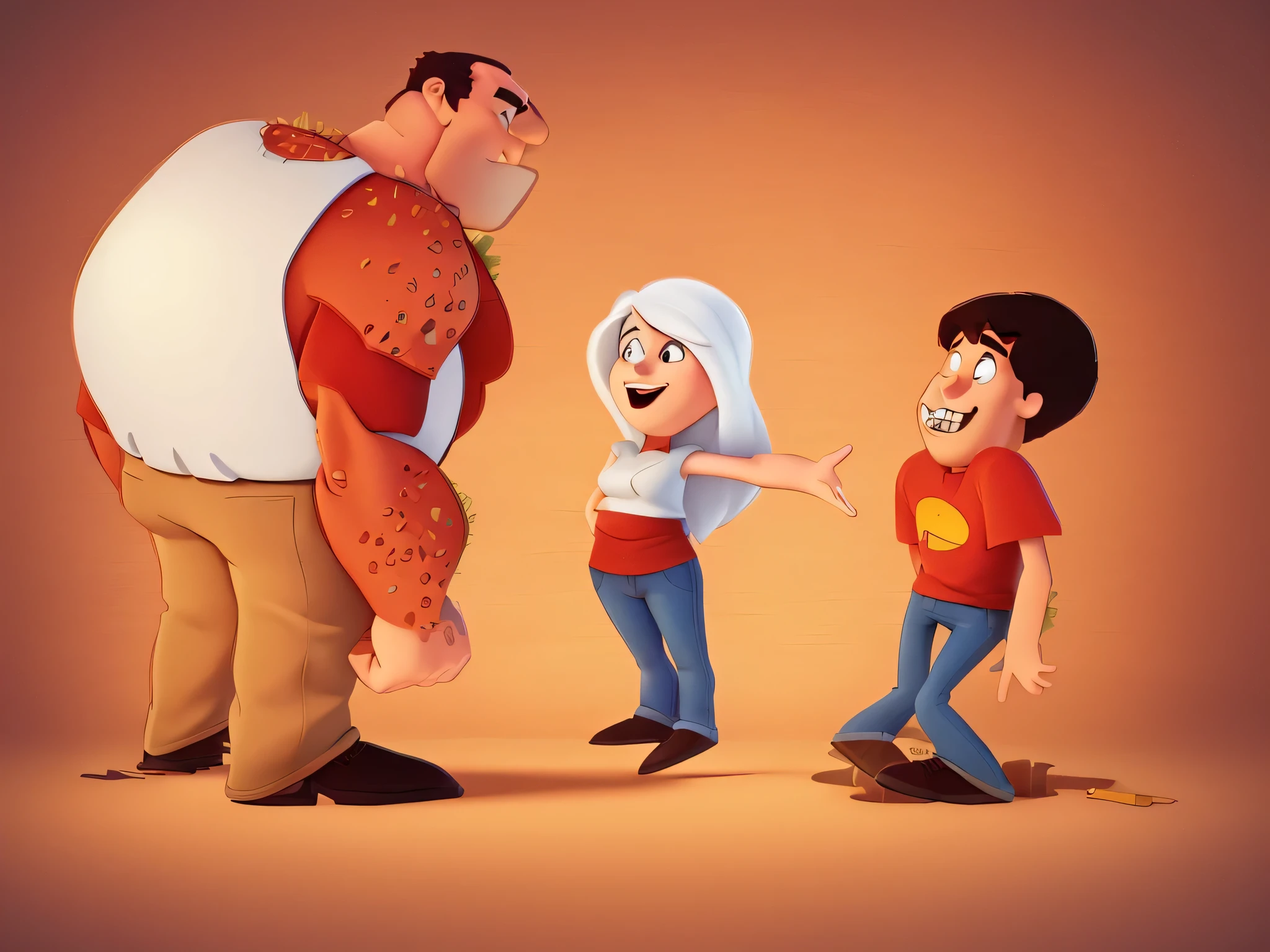 cartoon of a man and a woman talking to a man with a big head, comic illustration, cartoon proportions, exaggerated proportions, comic book illustration, heavy and exaggerated proportions, super exaggerated proportions, tinta de filme animado da Disney, big titan creature in the center, cartoon illustration, Entrada manual do monstro, inspirado em Paul Pelletier, Book illustration , by Derek Hill