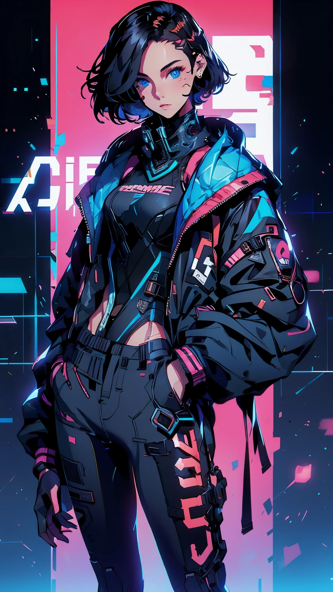 programmer girl, black hair, red ombre, cute face, short hair, high definition, master peace, sexy, jacket, blue eyes