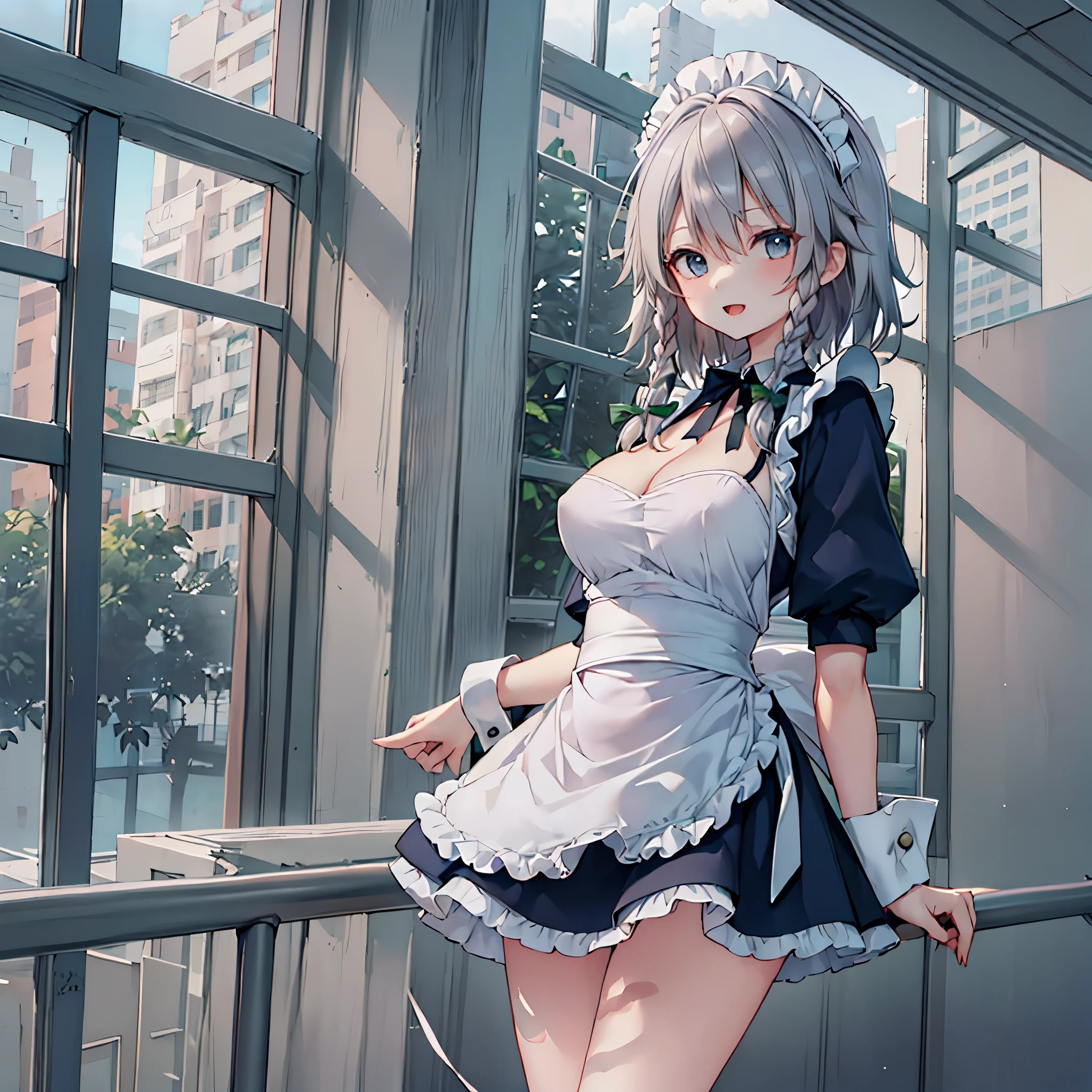 (solo Sakuya toho character standing at front of large glass windows), skinny, (open long legs wide:1.3), BREAK, (large perky breasts), (emphasize cleavage), (inconceivably thin narrow waist:1.6), short torso, thin long legs apart, arms behind back, arched back, emphasize thigh gap, BREAK, (very short maid dress) lifted breasts up, (maid dress cinches narrow waist too tight:1.4), cleavage cutouts wide, (too short skirt:1.3), highheels, tiptoe, (pigeon toed), smile for viewer, open mouth