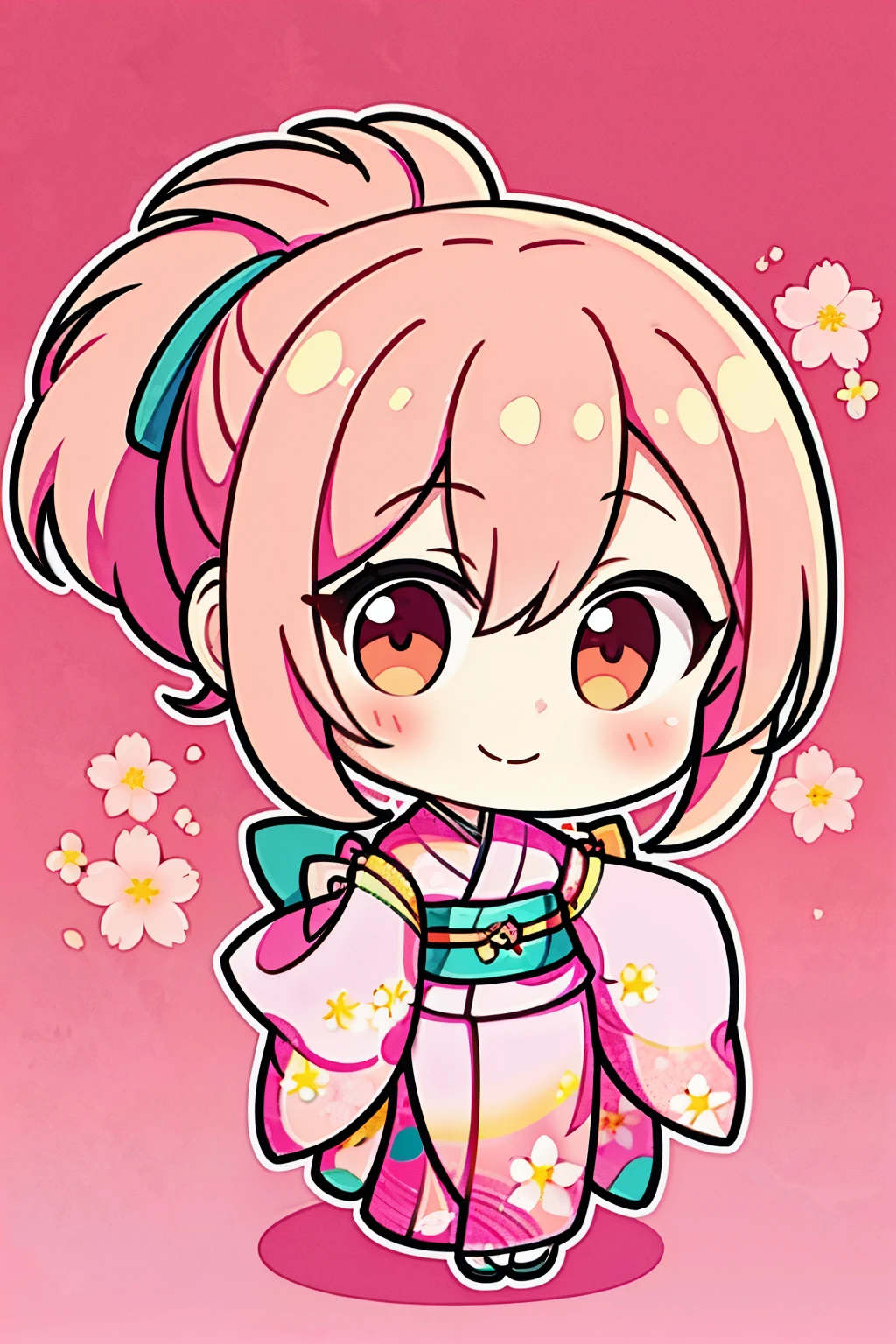 (perfect image quality:1.1),(masterpiece:1.1),(high quality:1.1),1 girl, alone, (She is wearing a gorgeous pink cherry blossom kimono.:1.3), yellow hair, double ponytail on both sides, looking at camera, Smiling gets your heart rate up, drinking tea, Loving gray background arranged randomly,