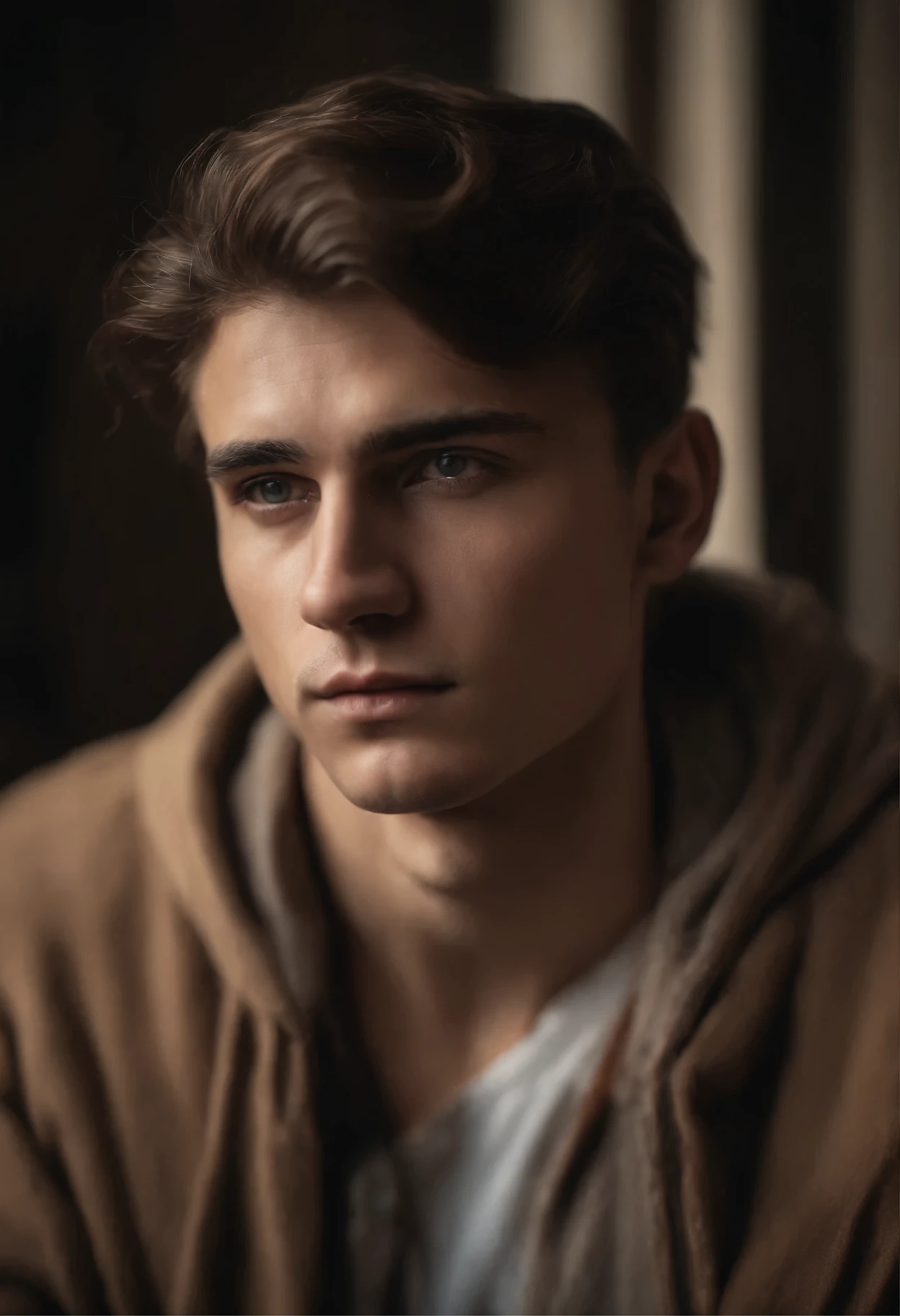 Impressive portrait of a 20-year-old man., deeply upset and crying. Every detail is carefully depicted, from her natural brown hair to her watery eyes., Filmed in exceptional high definition quality.. The expression of sadness is wonderful, with sharp focus, which highlights the intricate details of the skin and eyes. This masterpiece was created using a Canon 85mm camera., Provides smooth depth of field and enhances Kodak Vision color reproduction.. The man's body is perfectly framed, The result is an extremely detailed image, conveying the harshness of real life.. This portrait is an example of ultra-realism in photography., with 8K UHD image quality and post-processing, providing maximum detail. man looking directly at the camera. Ultra high precision photo