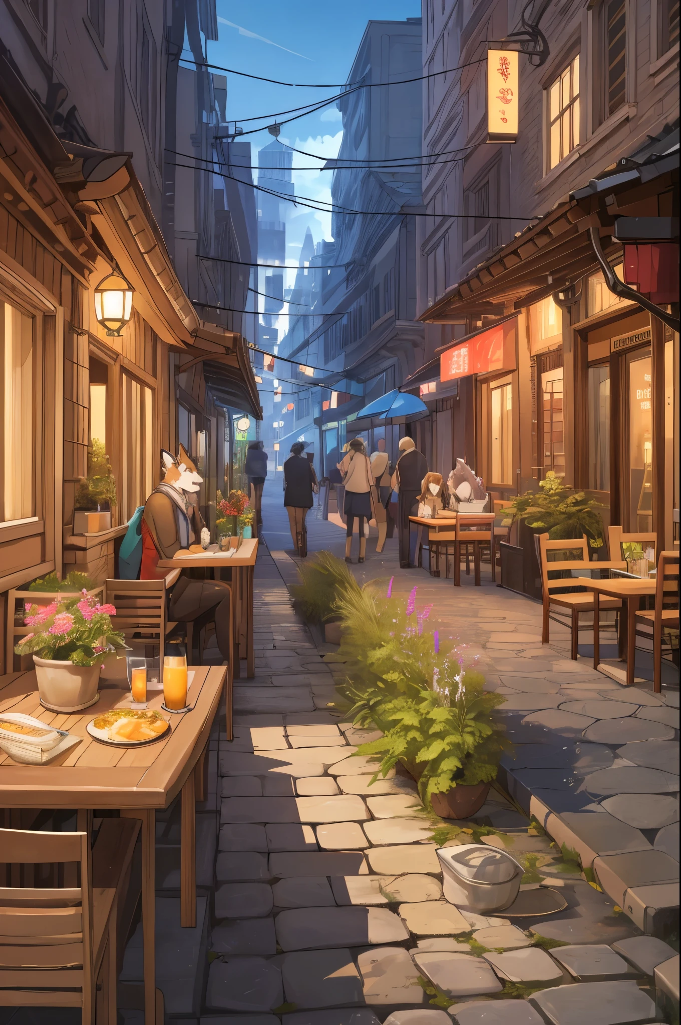 cover page, highres, top quality, best quality, paid reward available, unparalleled masterpiece, perfect artwork, absurdres, High-quality illustrations, super high resolution, detailed background, cafe, Terrace, drink, coffee, staff, 6+boys, 6+girls, absurdres, perfect anatomy, expression, good lighting, cinematic shadow(kemono, furry anthro),