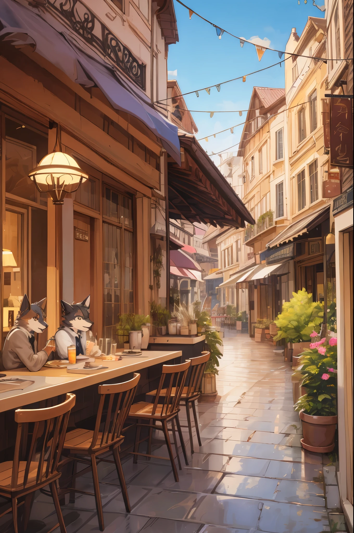 cover page, highres, top quality, best quality, paid reward available, unparalleled masterpiece, perfect artwork, absurdres, High-quality illustrations, super high resolution, detailed background, cafe, Terrace, drink, coffee, staff, 6+boys, 6+girls, absurdres, perfect anatomy, expression, good lighting, cinematic shadow(kemono, furry anthro),