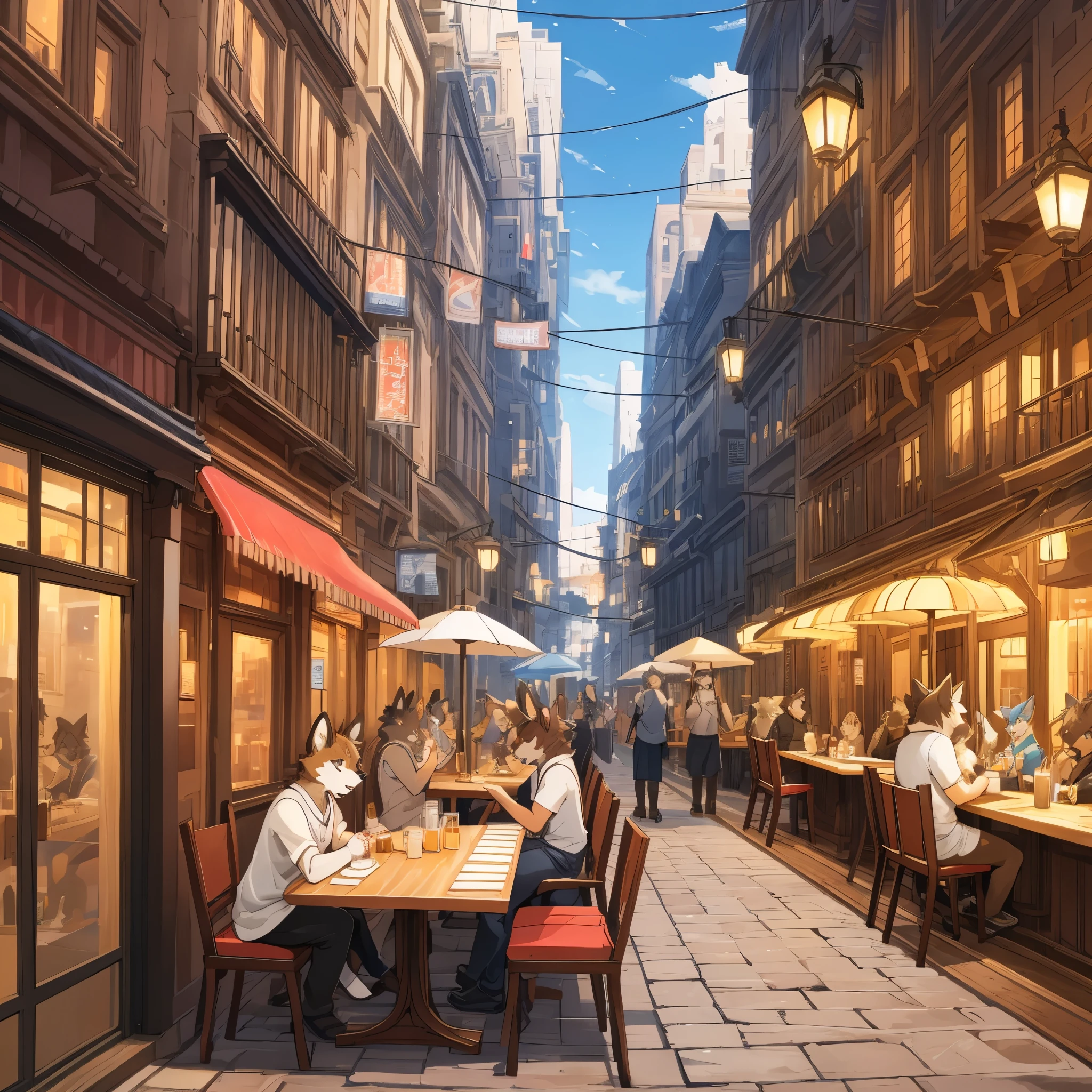 top quality, best quality, High-quality illustrations, masterpiece, super high resolution, detailed background, detailed background, cafe, Terrace, drink, coffee, staff, 6+boys, 6+girls, absurdres, perfect anatomy, expression, good lighting, cinematic shadow(kemono, furry anthro),