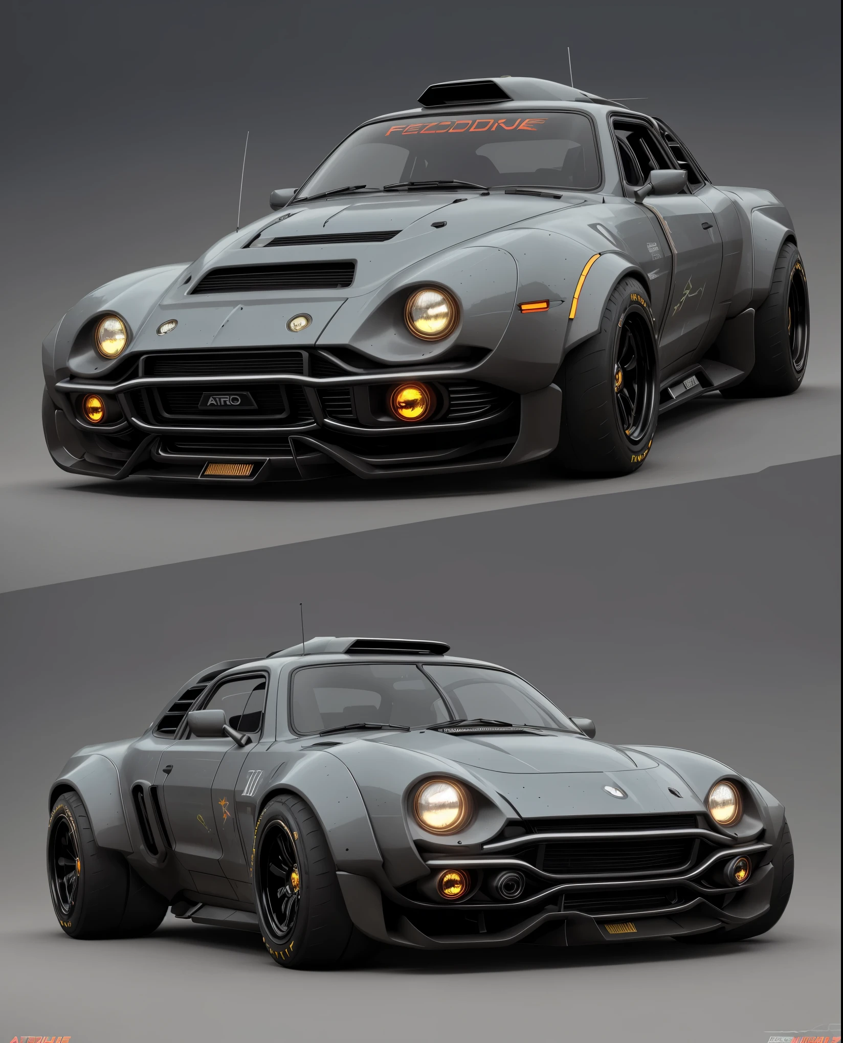 a 3/4 front view ((Future Cyberpunk Hotrod Zeekars)) (Comes with illuminated tires), in the parking lot,