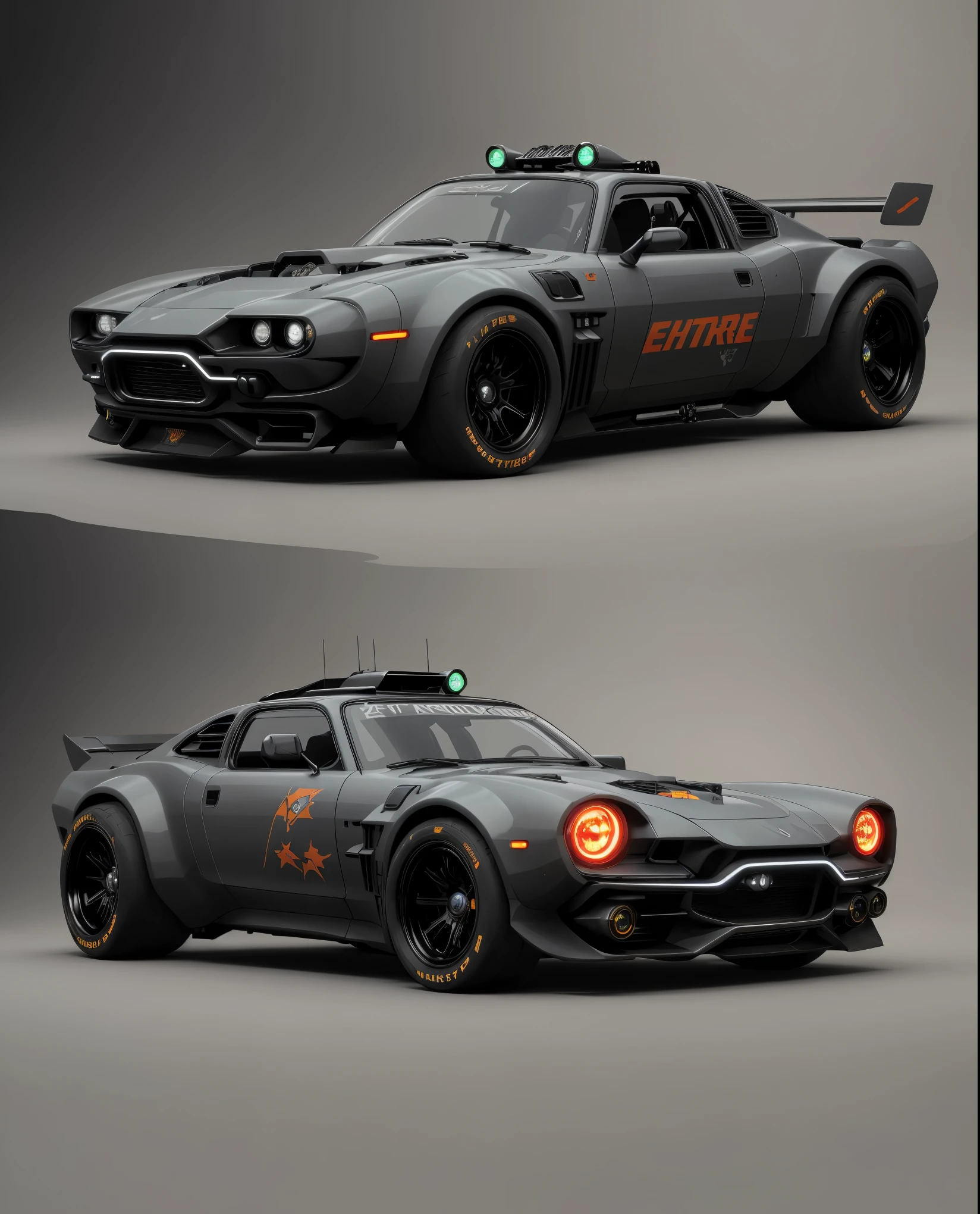 a 3/4 front view ((Future Cyberpunk Hotrod Zeekars)) (Comes with illuminated tires), in the parking lot, 