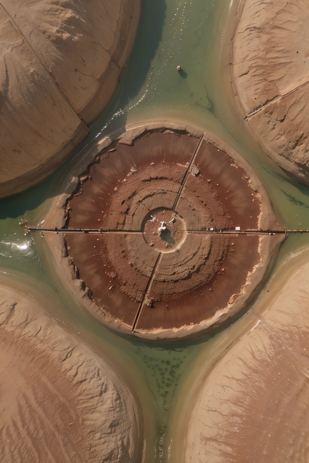 Satellite image of red algae grown in water basins in the desert, organic shape, google maps, satellite image