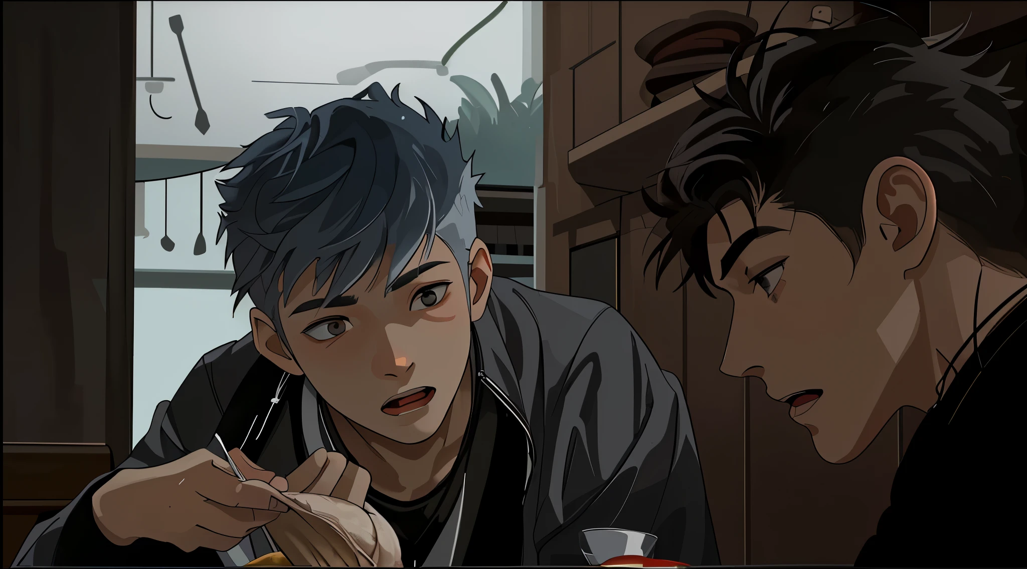 two boys are having dinner ago with different expressions on their faces