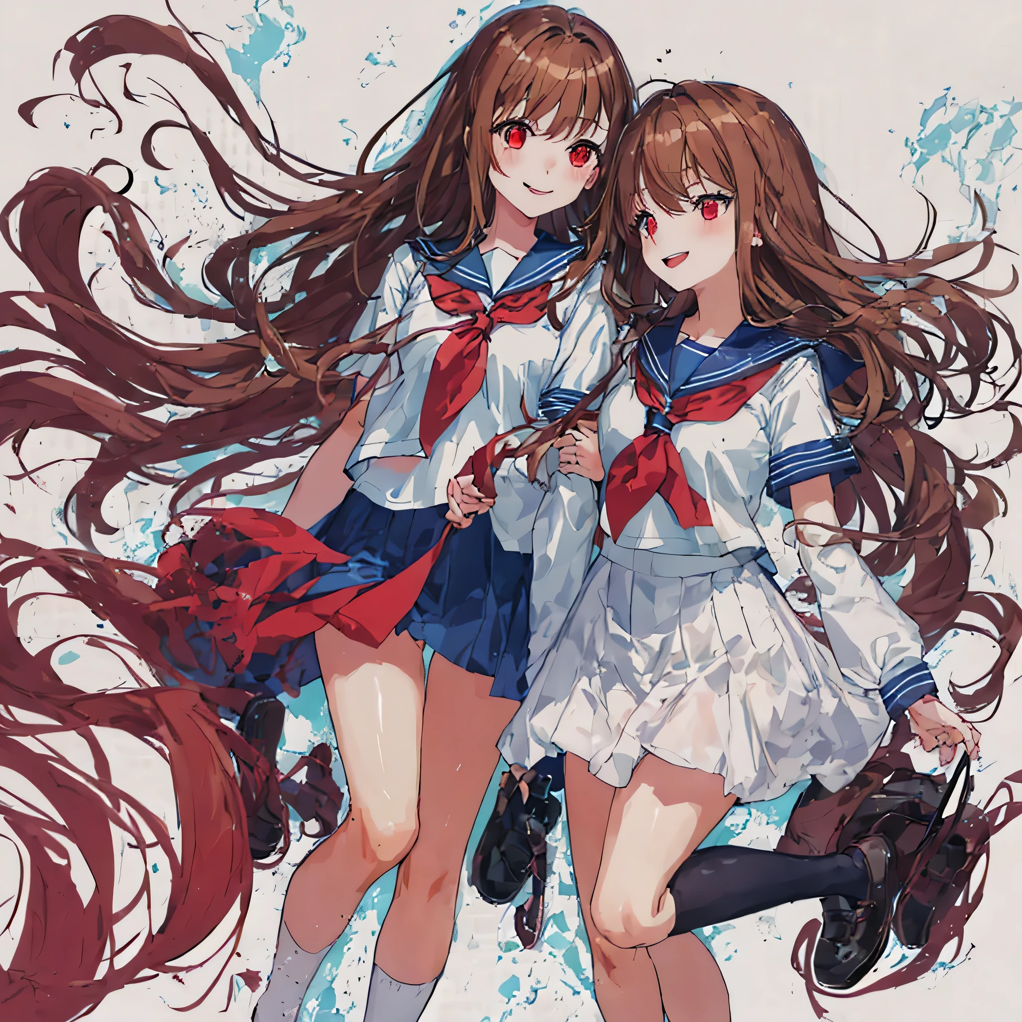 fine eyes,highlight,mouth,smile,high school,2 girl,sisters,girl,red eyes,exchanging smile,brown hair,masterpiece, highest quality,shape,sailor suit,slanted eyes,straight hair,side,super dense skin,calf white socks,beautiful fine eyes,red eyes,,Plump : 1.3,look at each other,go to school,