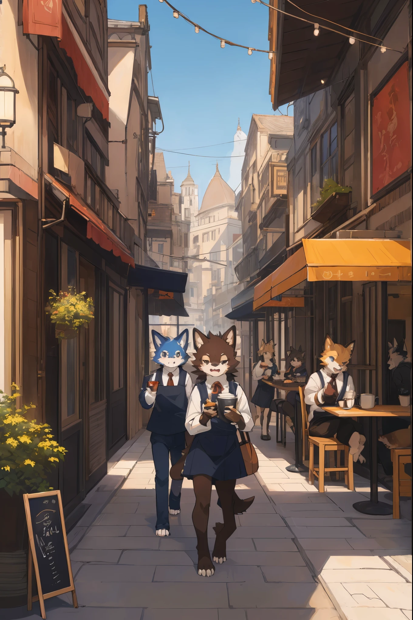 cover page, highres, top quality, best quality, paid reward available, unparalleled masterpiece, perfect artwork, absurdres, High-quality illustrations, super high resolution, detailed background, cafe, Terrace, drink, coffee, staff, 6+boys, 6+girls, absurdres, perfect anatomy, expression, good lighting, cinematic shadow(kemono, furry anthro),