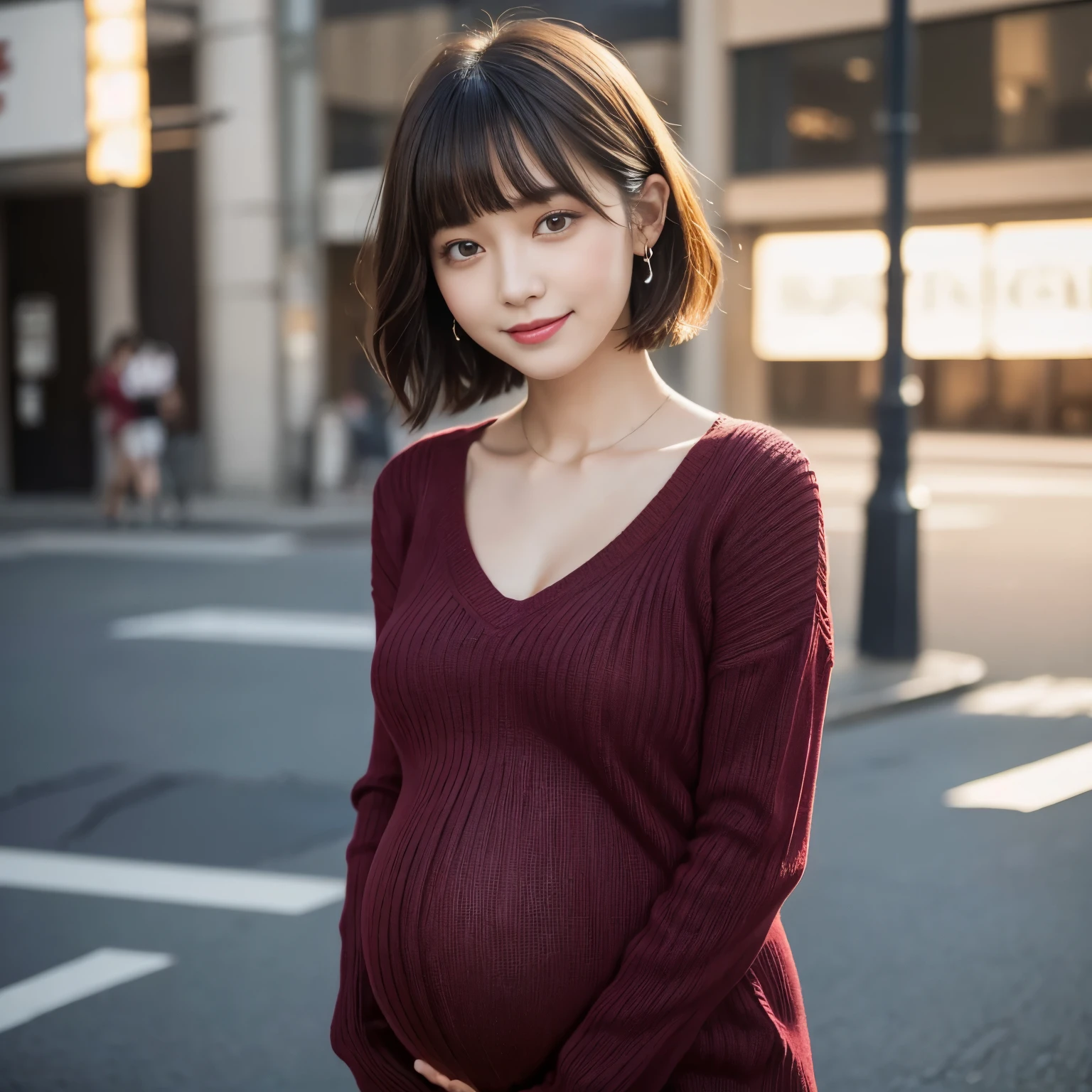 (highest quality、table top、8k、best image quality、Award-winning work)、one beautiful woman、25 years old、perfect dynamic composition、big and full breasts、[clavicle]、(very short bob hair:1.1)、(bangs:1.1)、(Wine red thick V-neck knit:1.1)、(Knit that fits perfectly to the body:1.1)、(perfect v-neck knit sweater:1.1)、slightly pregnant、(very thin pregnant woman:1.05)、full body photo、look at me and smile、(Strongly blurred Shinjuku background:1.1)、stand gracefully、droopy eyes、natural makeup、Ultra high definition beauty face、ultra high definition hair、Super high-definition sparkling eyes、Super high resolution glossy lips、accurate anatomy