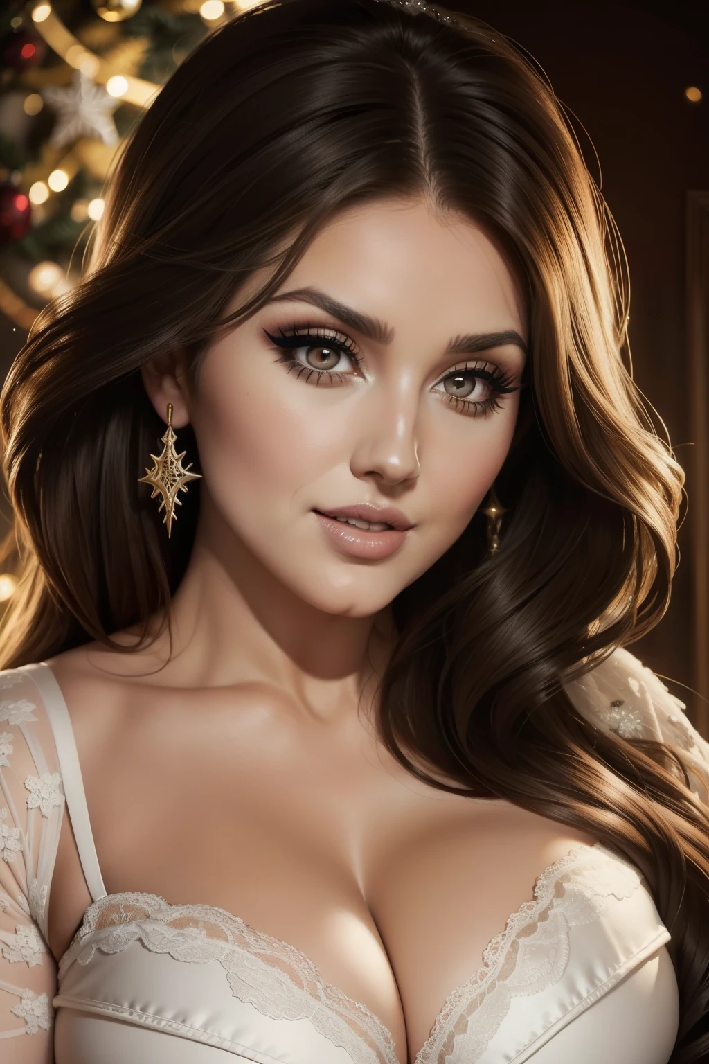 Lucy Pinder, face portrait, portrait, smiling, (Adele),((VERY INTENSE MAKEUP)), voluptuous, cleavage, lace, sexy dress, singing, Lingerie, (Nadia Bjorlin), (Christmas outfit)