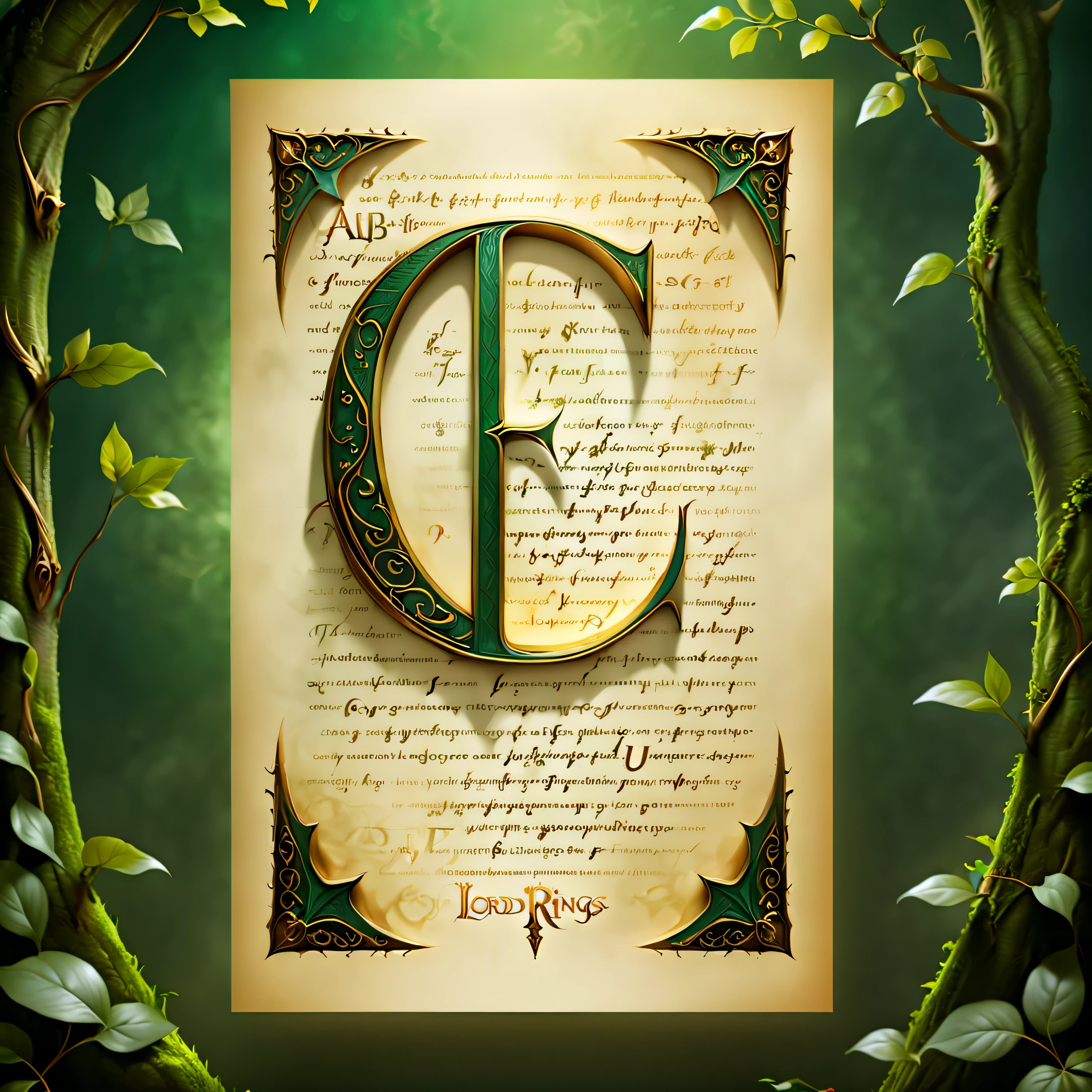 ((Alphabet pamphlet):1.2), ((Alphabet wallpaper):1.3), Develop a font design inspired by Elven inscription of Lord of the Rings, (best quality,4k,8k,highres,masterpiece:1.2),