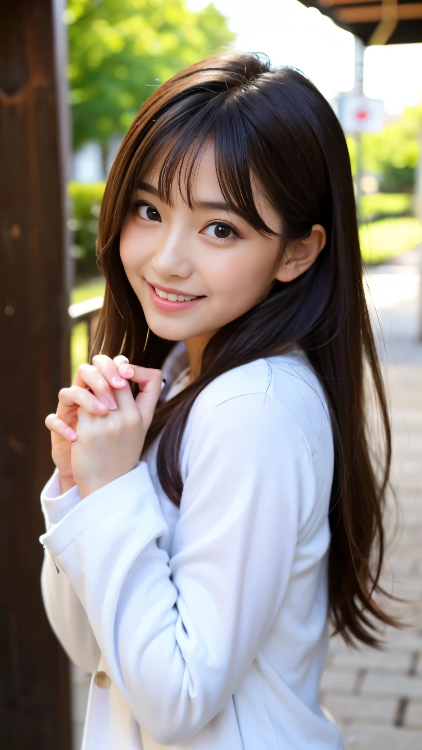 Best-quality, Masterpiece, Ultra-High-Resolution, (Photorealistic:1.4), Raw-Photo, 1girl, the most famous Japanese idol, wearing spring-coat, hands on hip, upturned ass, innocent-smile, dynamic-pose, extremely beautiful skins, extremely beautiful big-eyes, extremely beautiful hair, extremely cute face like the most popular Japanese idol, extremely beautiful long-eyelashes, extremely beautiful lips