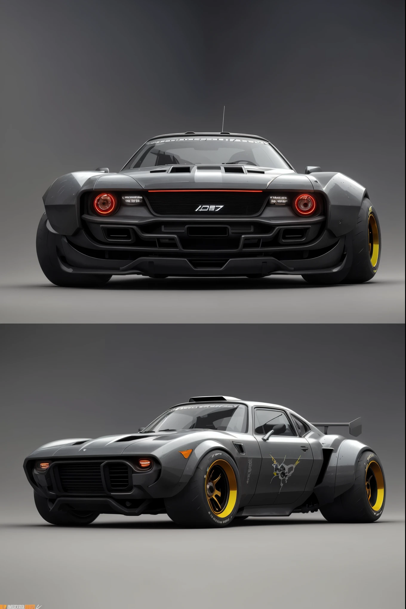 a 3/4 front view ((Future Cyberpunk Hotrod Zeekars)) (Comes with illuminated tires), in the parking lot,