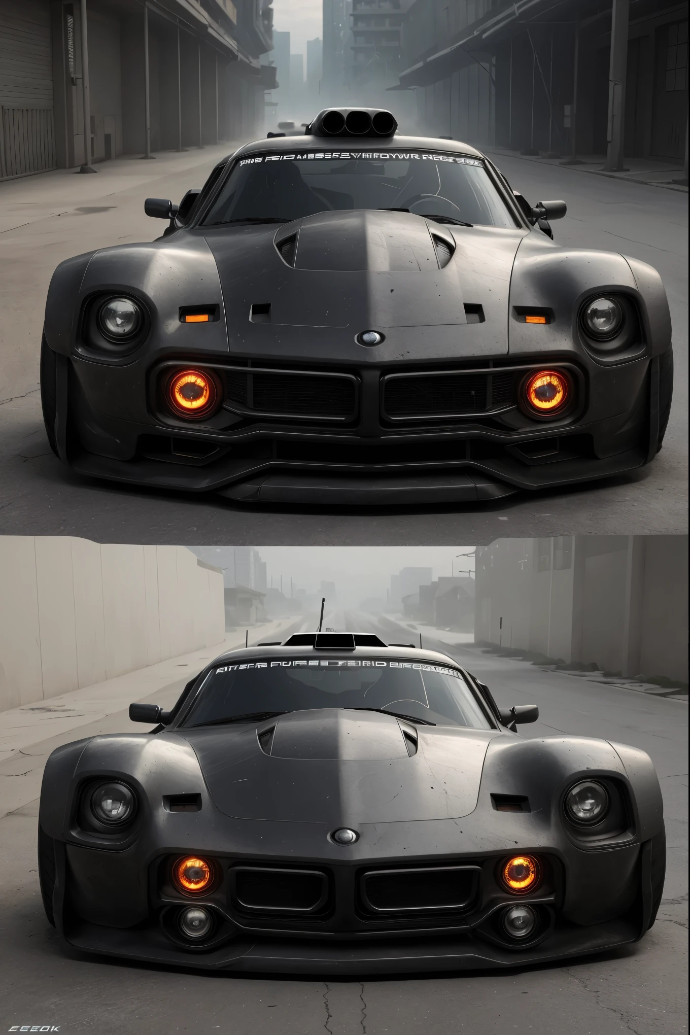 a 3/4 front view ((Future Cyberpunk Hotrod Zeekars)) (Comes with illuminated tires), in the parking lot,