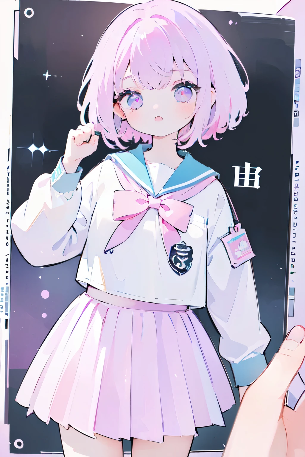 (8K, Best Quality, Master Piece: 1.2),1 cute girl,ultra-detailed face,detailed eyes,best quality illustration, dream、pastel colour,light purple、pink,light blue、school uniform, sailor suit,long sleeve,pleated skirt,short cut,(paw pose), detailed hand fingers,captivate your audience,are in the classroom