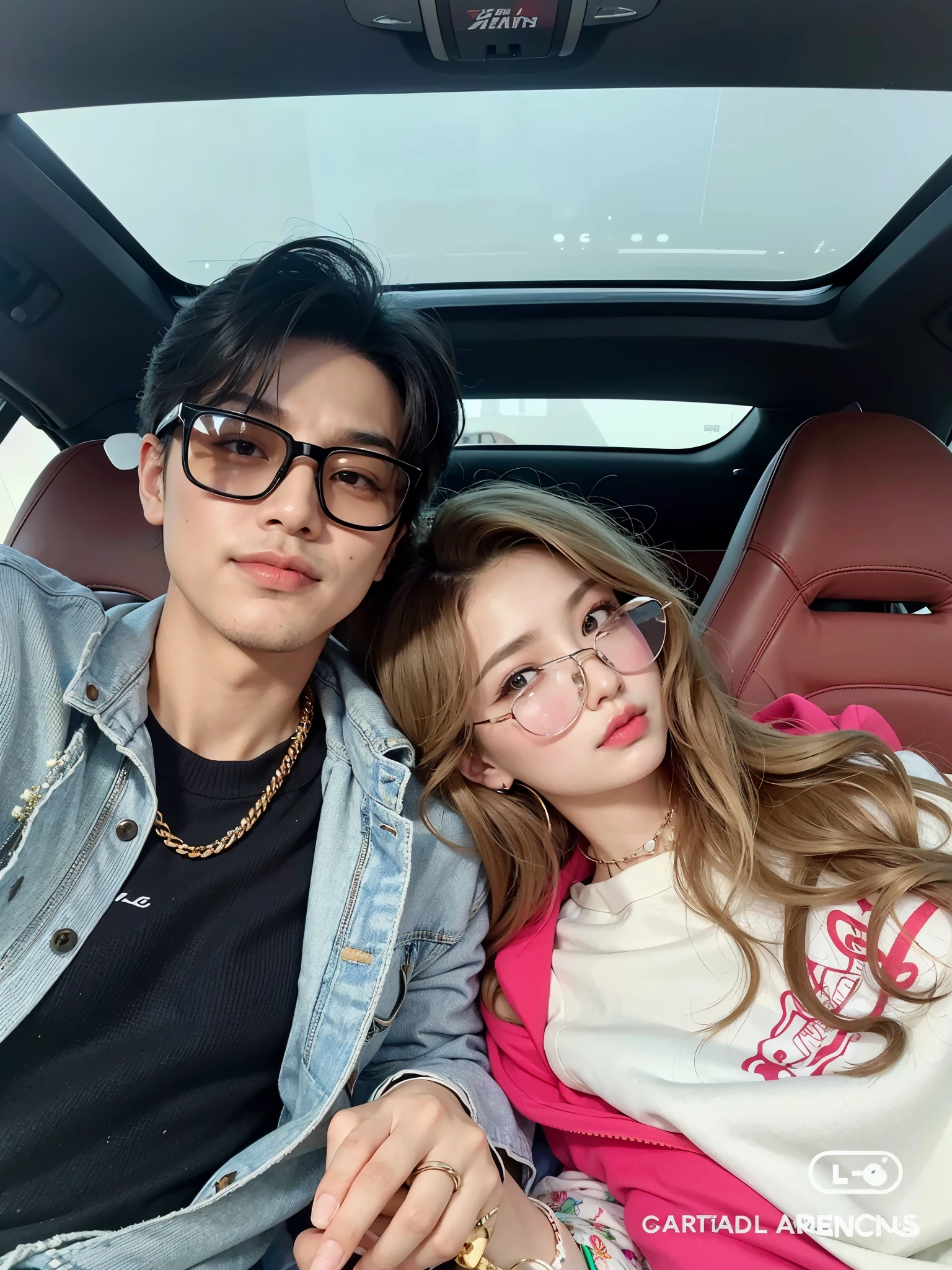 araffe and a woman sitting in a car with sunglasses on, lv, kda and sam yang, album art, taejune kim, jordan grimmer and natasha tan, lovely couple, celebrity, profile pic, gemma chen, with sunglass, jia, inspired by Ion Andreescu, steve zheng, leaked, steven jung, 2 0 2 0 fashion, woman with blonde hair 