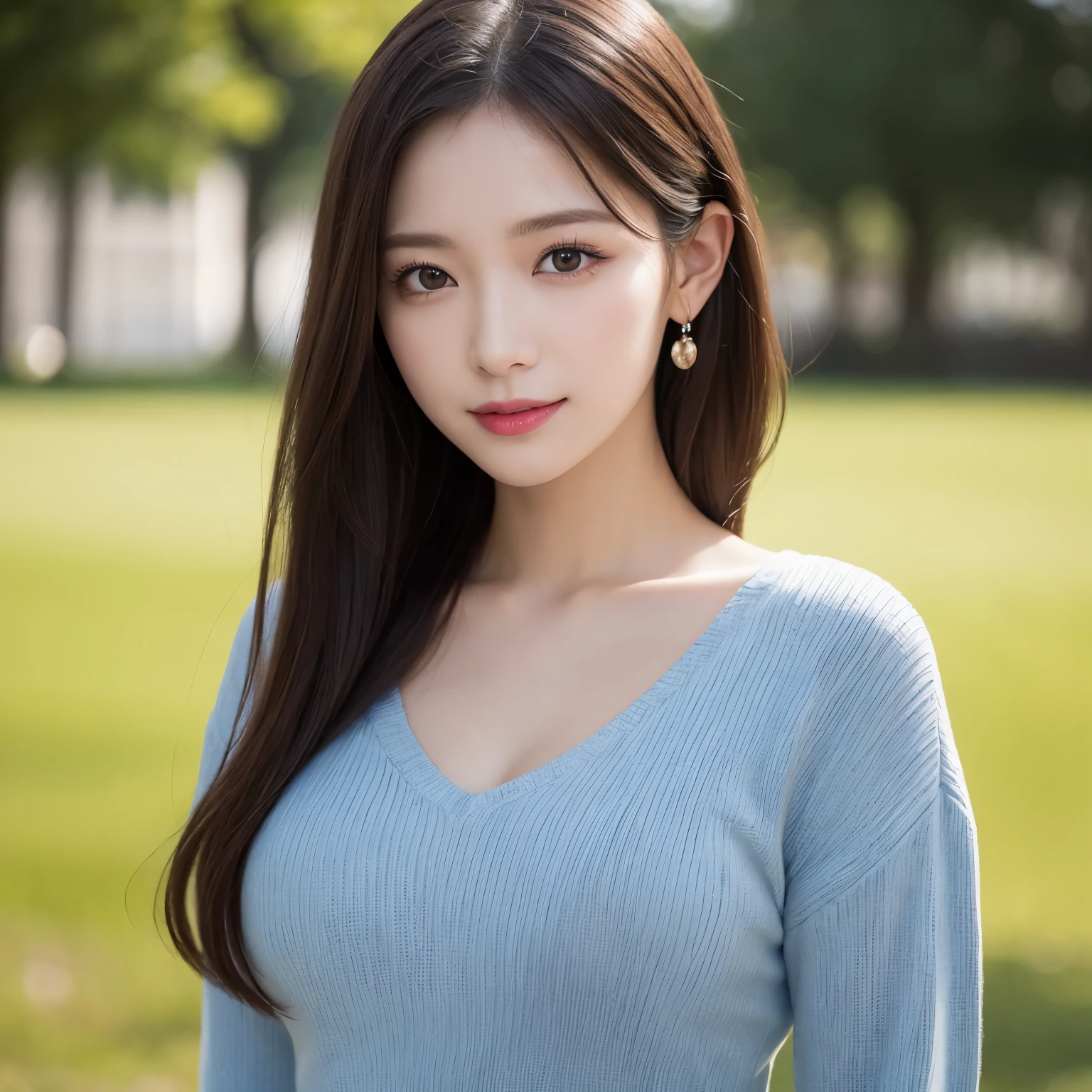 (highest quality、table top、8k、best image quality、Award-winning work)、one beautiful woman、25 years old、perfect dynamic composition、big and full breasts、[clavicle]、Tight blue V-neck knit、perfect v-neck knit sweater、look at me and smile、strongly blurred wide cinema background、Standing gracefully、droopy eyes、natural makeup、Ultra high definition beauty face、ultra high definition hair、Super high-definition sparkling eyes、Super high-definition glossy skin、Super high resolution glossy lips、accurate anatomy