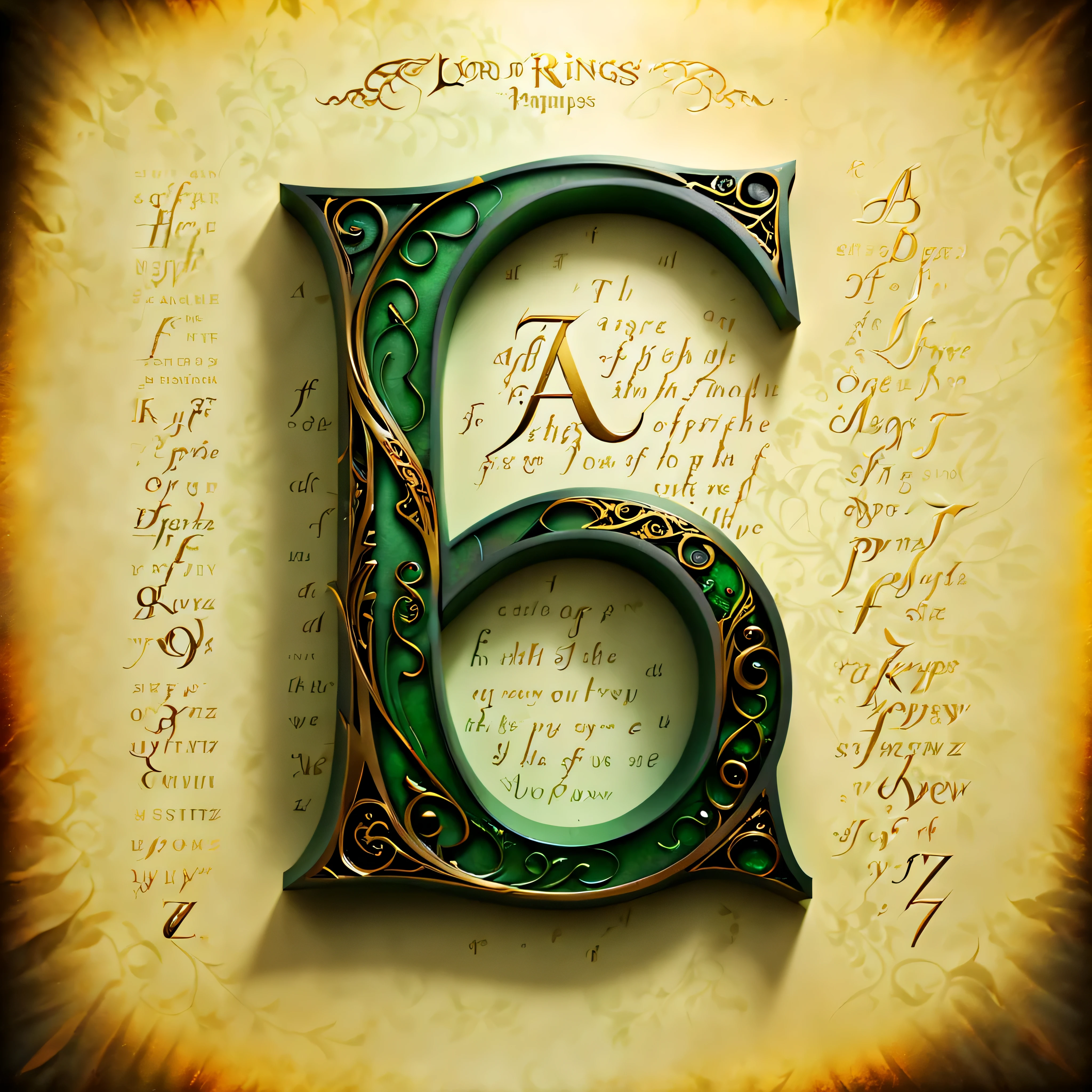 ((Alphabet pamphlet):1.2), ((Alphabet wallpaper):1.3), Develop a font design inspired by Elven inscription of Lord of the Rings, (best quality,4k,8k,highres,masterpiece:1.2),