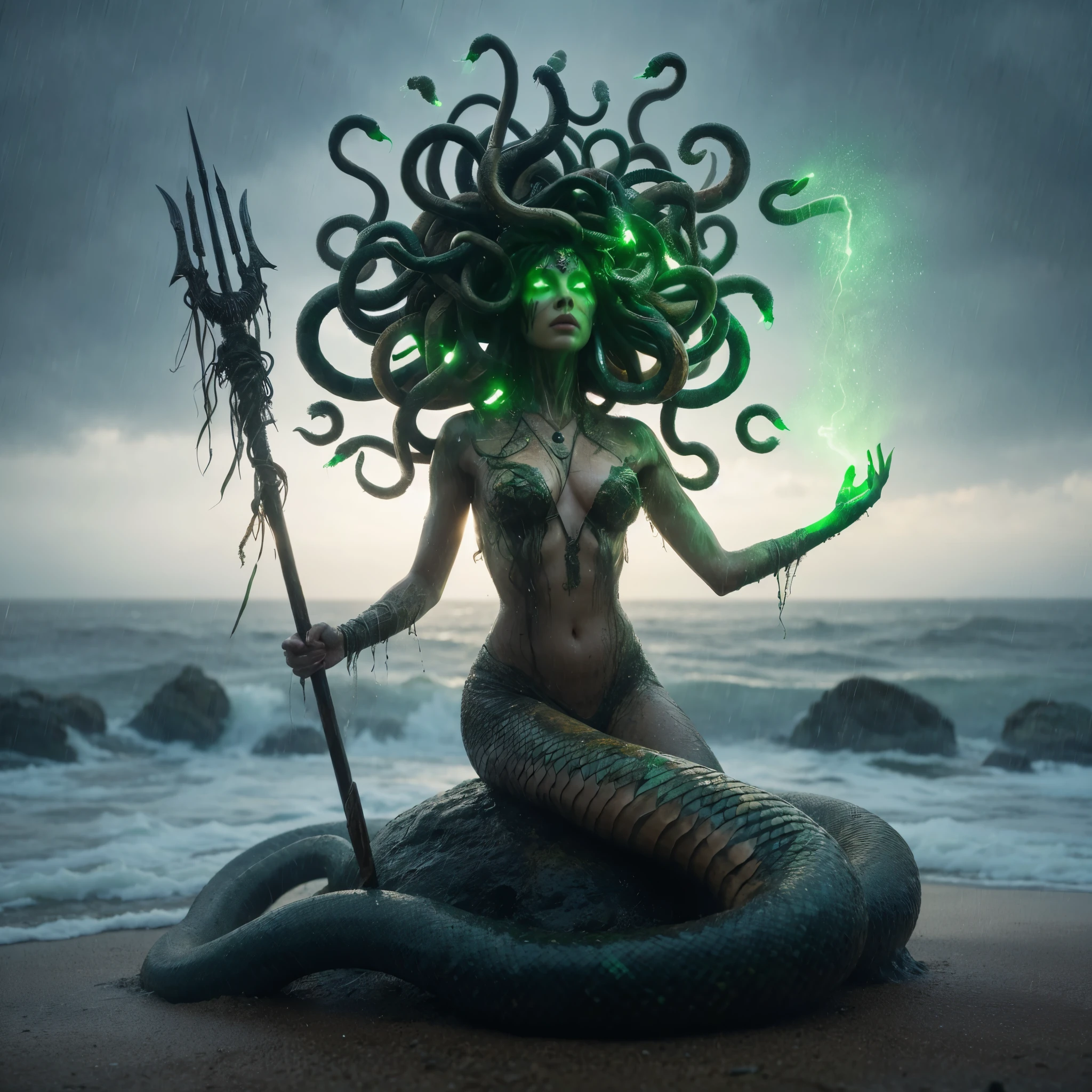 Full body photo, low angle shot, medusa mythological creature, image of a large snake that has the body shape of a woman, head filled with snakes, glowing green eyes, holding a magic spear with green light, rainy atmosphere, anger, standing on a rock, the background is the beach and rocks, perfect body, epicrealism, ultra HD, atmospheric impressionism, photography, film dramatic realism, pre-raphaelite realism, details on faces, soft focus realism --ar 36:61 --stylize 750 --v6.