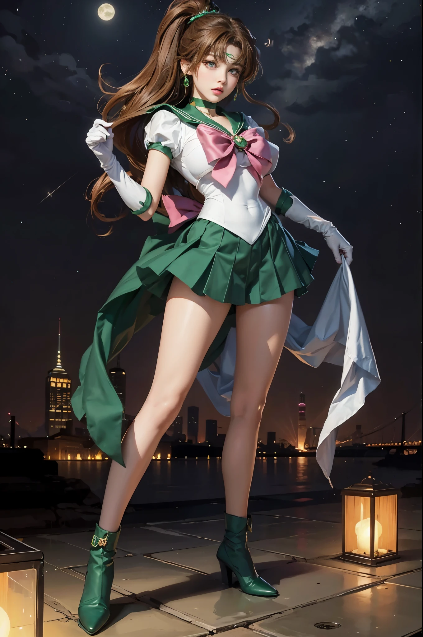 1girl green sailor moon,big deal , brown hair, green eyes,high resolution,Surreal, Ultra-detailed， huge breasts