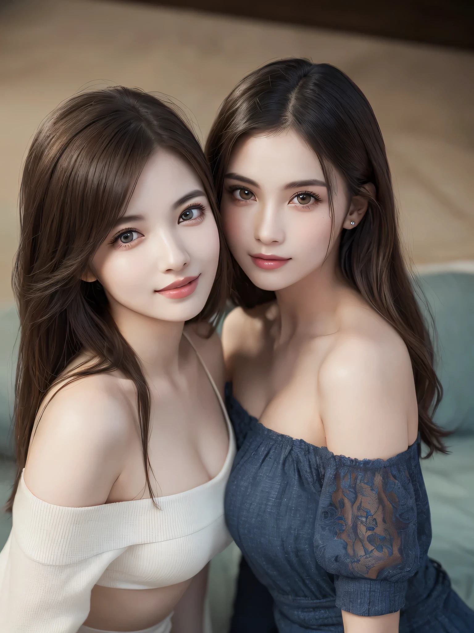 (2girls:1.3), (Ultra realistic, high res), (highly detailed eyes, highly detailed hair, highly detailed face, highly detailed plump lips), (off shoulder with open breasts), upper body, caute smile, (best quality:1.4), Raw photo, (realistic, photo-realistic:1.37), professional photography, cinematic light, (fine face: 1.2), (view from above),