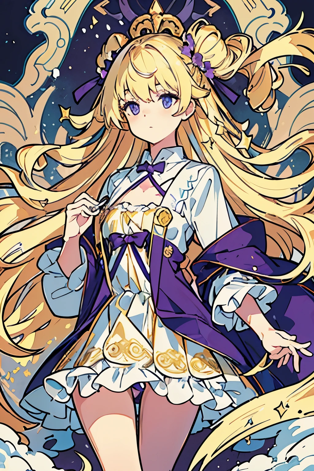 4K quality:1.2,1girl,sense of deps,disorganized,catch light,Super beautiful illustration,(beautiful blonde,two side up hairstyle:1.3),;D,beautiful and delicate flowing hair,Delicate and detailed purple eyes:1.2,emphasized chest