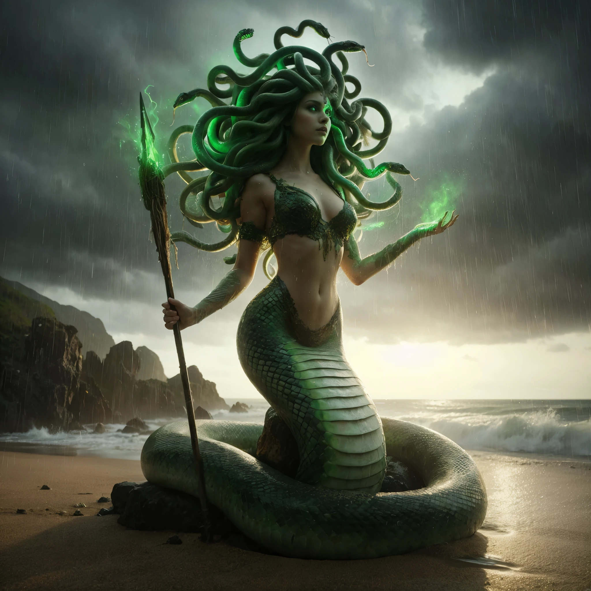Full body photo, low angle shot, medusa mythological creature, image of a large snake that has the body shape of a woman, head filled with snakes, glowing green eyes, holding a magic spear with green light, rainy atmosphere, anger, standing on a rock, the background is the beach and rocks, perfect body, epicrealism, ultra HD, atmospheric impressionism, photography, film dramatic realism, pre-raphaelite realism, details on faces, soft focus realism --ar 36:61 --stylize 750 --v6.