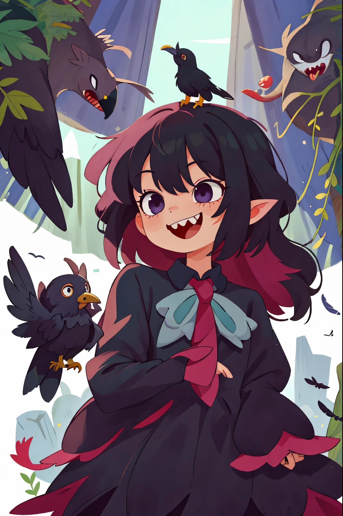 1girl, Masterpiece, perfect, Cute, Adorable, Harpy, Crow girl, Crow, Black feathers, sharp teeth, smiling, smug, Dress, Facing user,