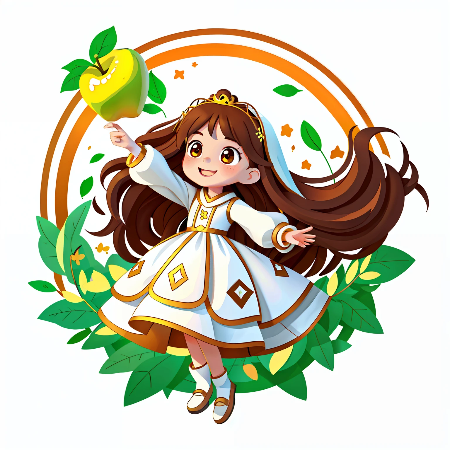 Girl with long brown hair,Put on a white wedding dress,bride,(holding apple),(plant),flying in space and time(in flight)(time Tunnel),(with love)happy,surrounded by love,surrounded by love,O sign,vector,line art,design,inspiration,straight line,RHAD