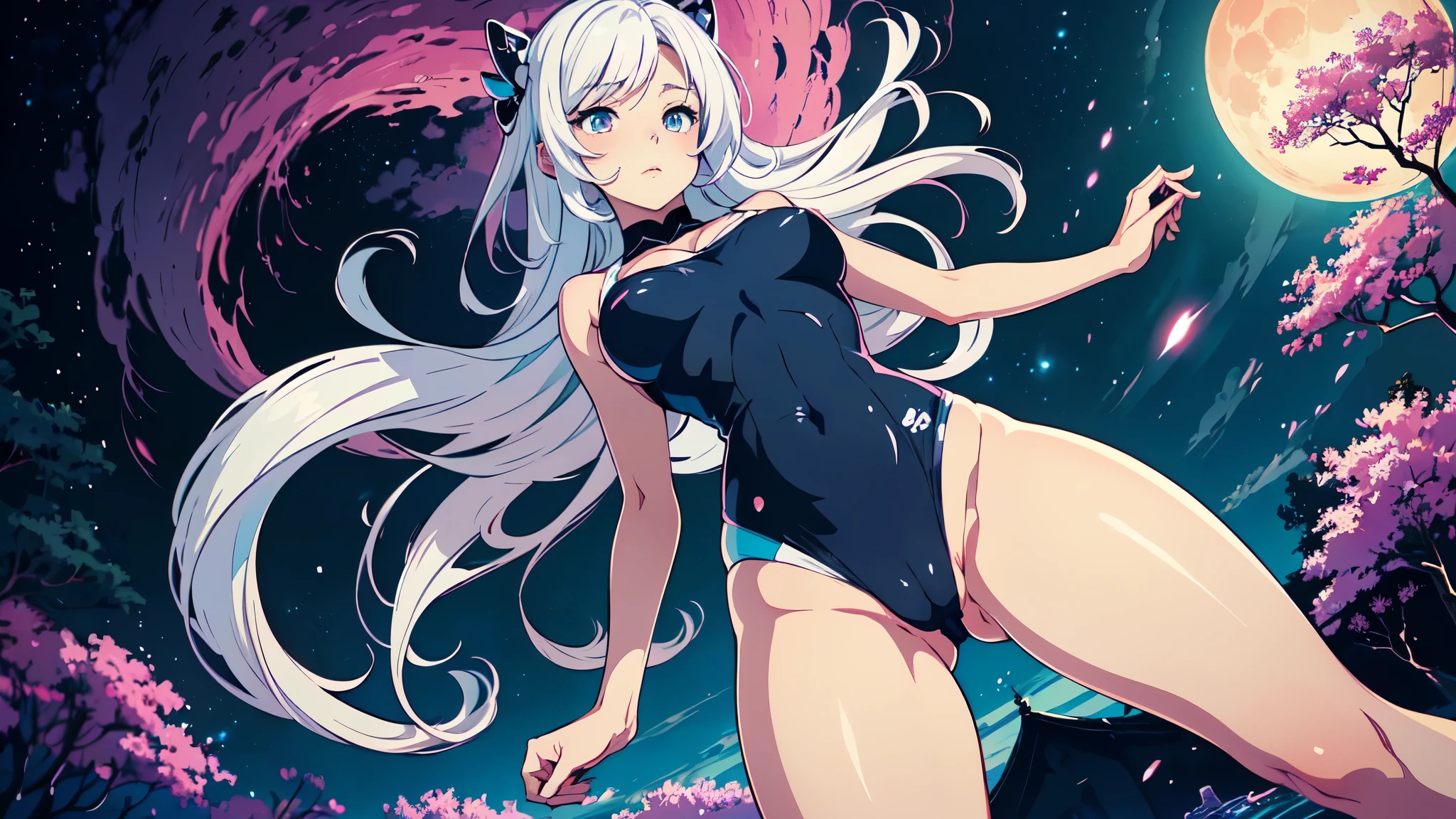 (only one girl, 1girl, one girl, full body, white hair, in blue swimsuit, tight clothes, blue alluring eyes, madness face, crazy emotions face, thick thighs, very thin waist, slim hips, open legs, cameltoe, big cameltoe, big pussy), ((anime-style artwork),colorful shades, Hyper detailed, highly detailed face, 4k face, clean, vibrant colors, extremely detailed with rich colors), (mature girl), (the sky is clouded, with pink and purple clouds, a giant moon), ((depth of field)), (masterpiece:1.2, best quality), (extremely detailed CG, ultra-detailed, best shadow:1.1), ((1 anime cute girl)), ((solo))