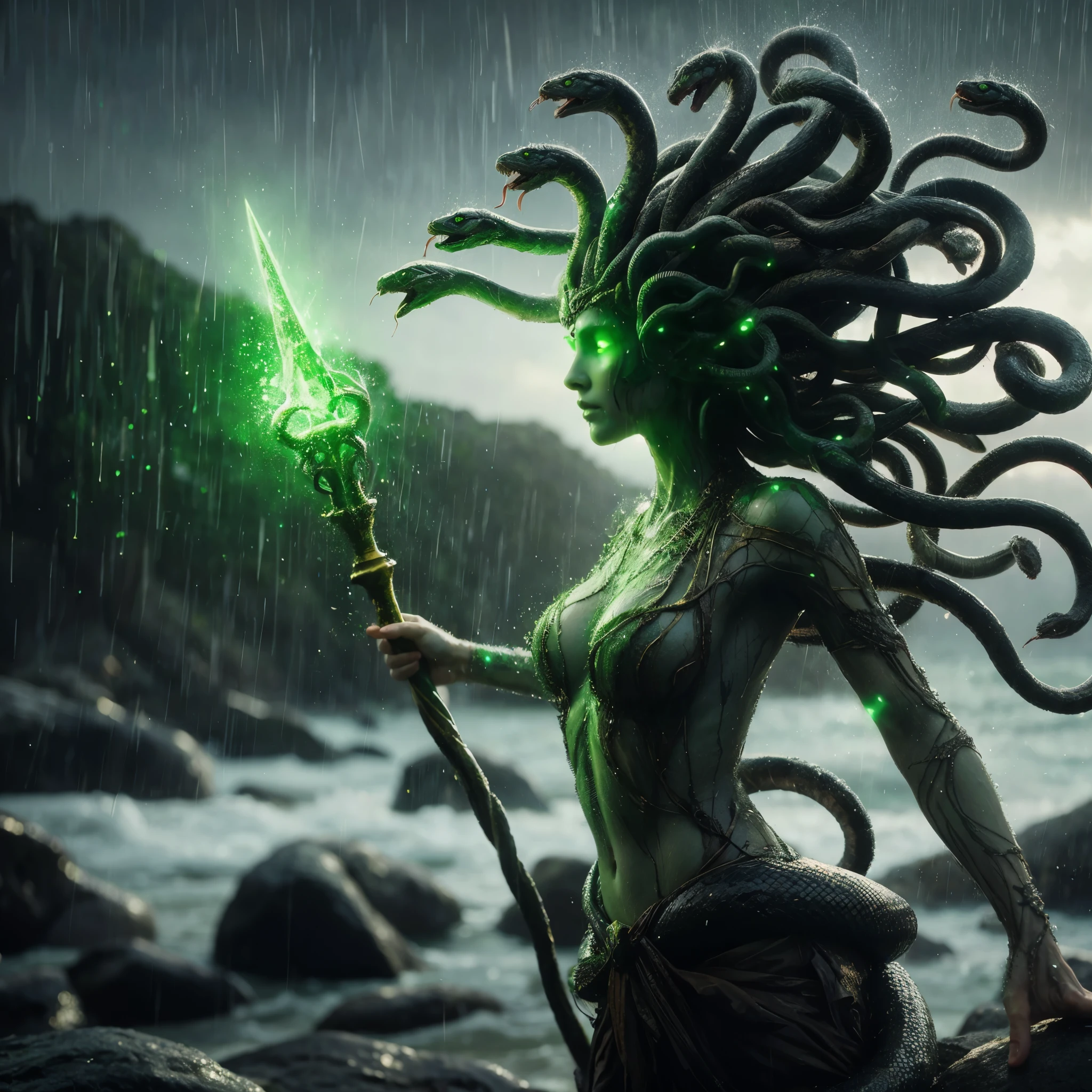 Full body photo, low angle shot, medusa mythological creature, image of a large snake that has the body shape of a woman, head filled with snakes, glowing green eyes, holding a magic spear with green light, rainy atmosphere, anger, standing on a rock, the background is the beach and rocks, perfect body, epicrealism, ultra HD, atmospheric impressionism, photography, film dramatic realism, pre-raphaelite realism, details on faces, soft focus realism --ar 36:61 --stylize 750 --v6.