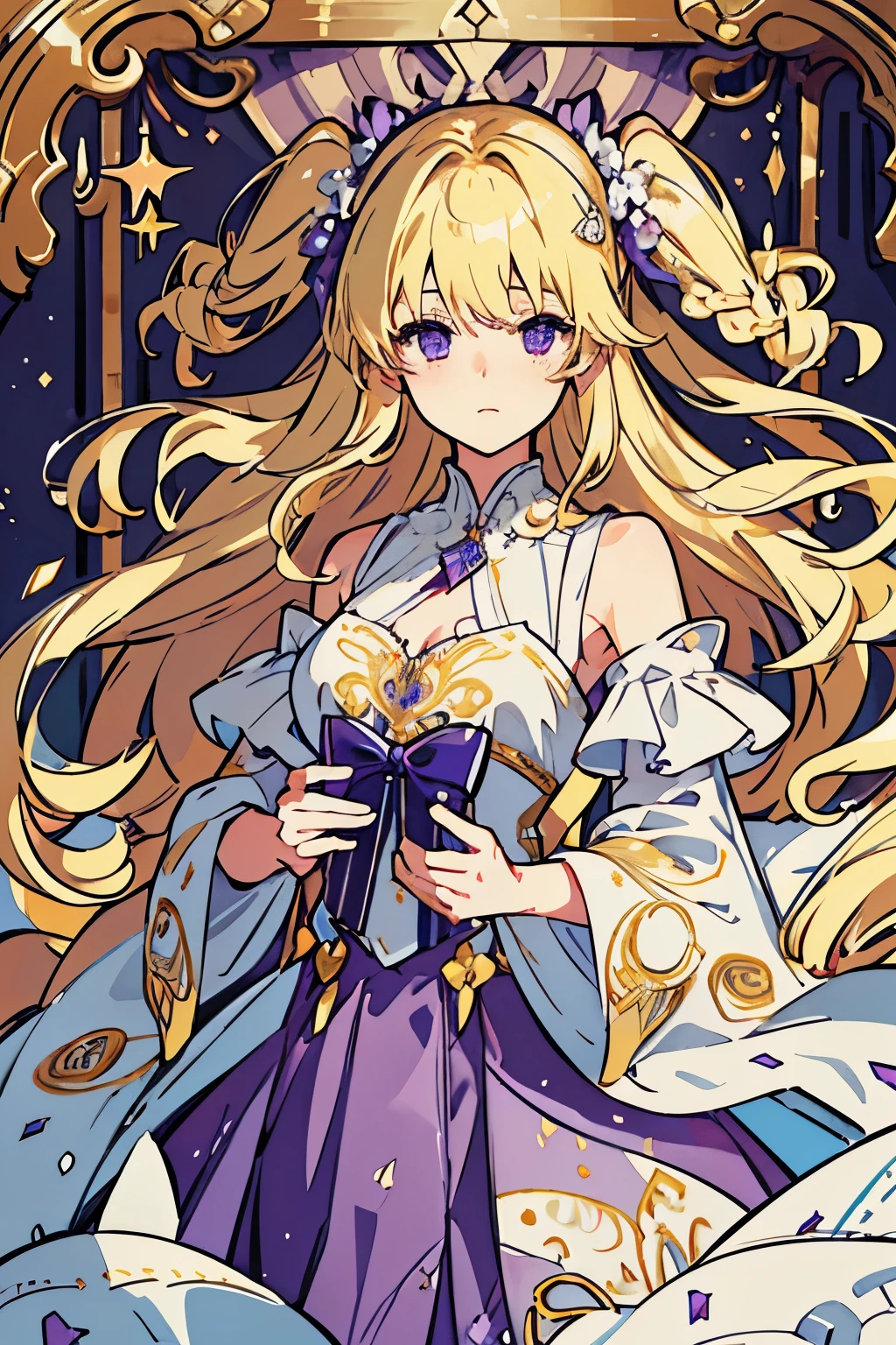 4K quality:1.2,1girl,sense of deps,disorganized,catch light,Super beautiful illustration,(beautiful blonde,two side up hairstyle:1.3),;D,beautiful and delicate flowing hair,Delicate and detailed purple eyes:1.2,emphasized chest