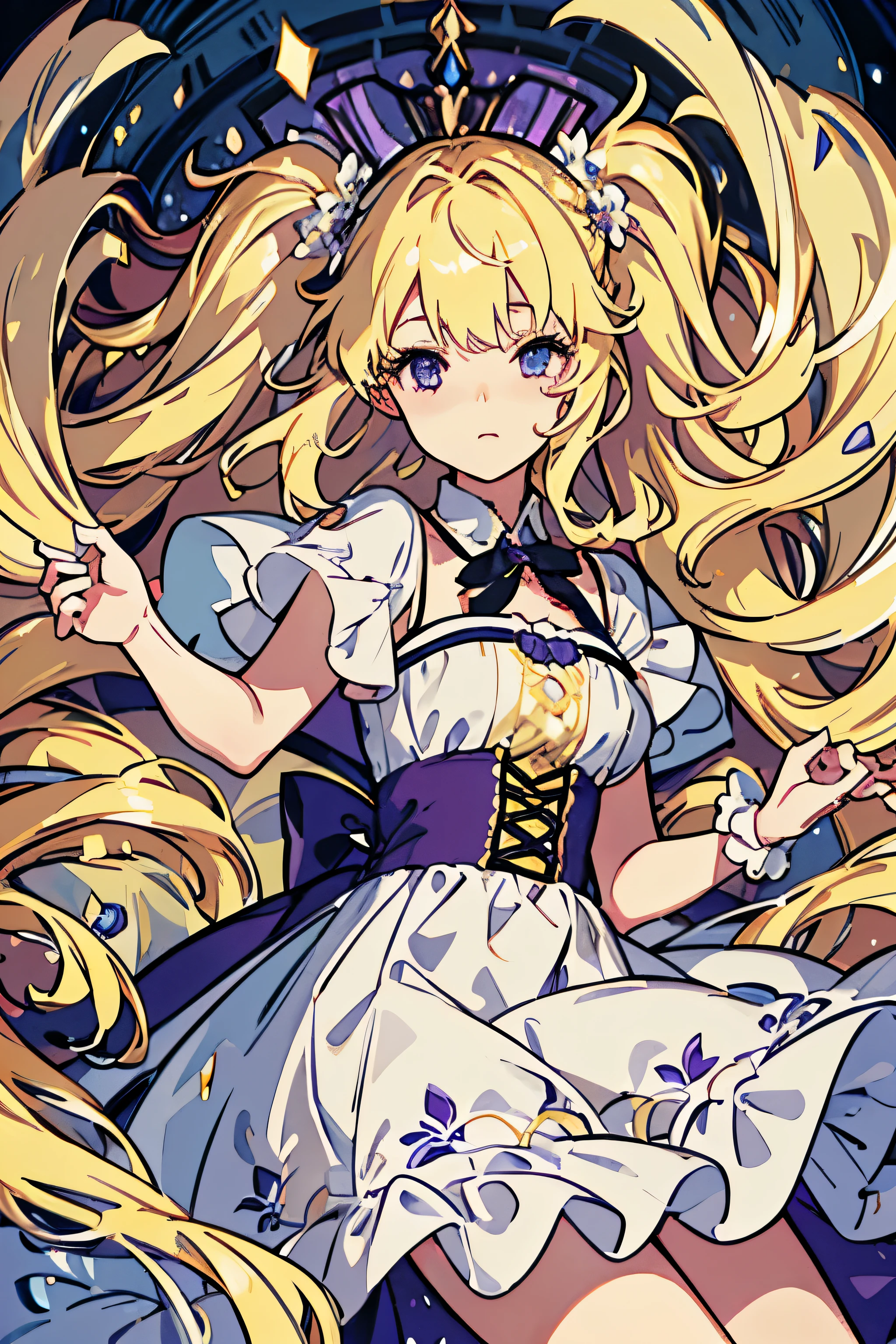 4K quality:1.2,1 girl,sense of depth,confused,catch light,Super beautiful illustration,(beautiful blonde,two side up hairstyle:1.3),;D,beautiful and delicate flowing hair,Delicate and detailed purple eyes:1.2,emphasized chest