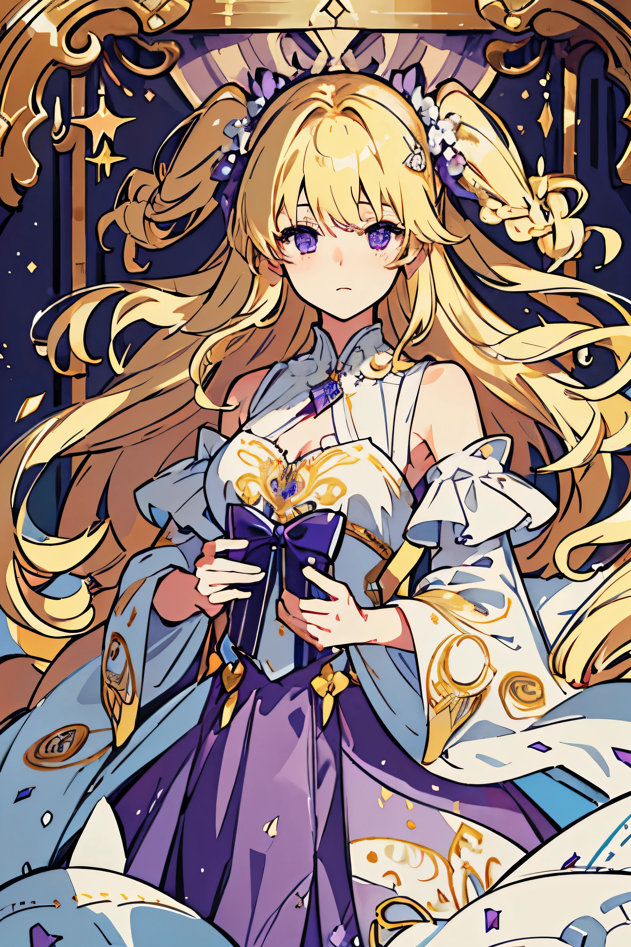4K quality:1.2,1girl,sense of deps,disorganized,catch light,Super beautiful illustration,(beautiful blonde,two side up hairstyle:1.3),;D,beautiful and delicate flowing hair,Delicate and detailed purple eyes:1.2,emphasized chest