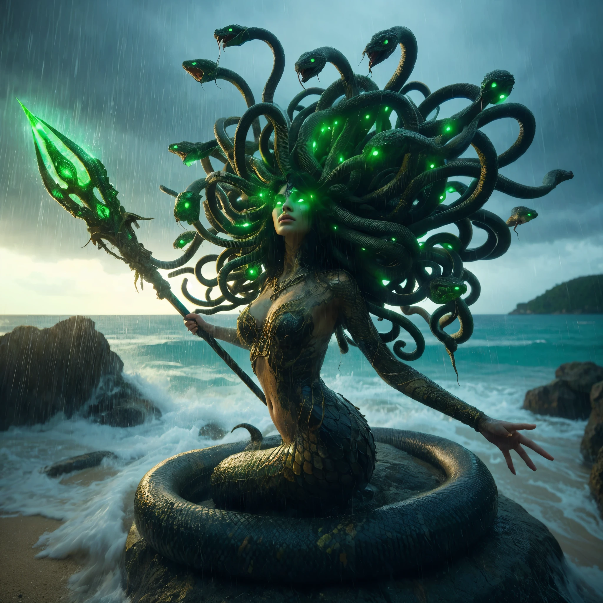 Full body photo, low angle shot, medusa mythological creature, image of a large snake that has the body shape of a woman, head filled with snakes, glowing green eyes, holding a magic spear with green light, rainy atmosphere, anger, standing on a rock, the background is the beach and rocks, perfect body, epicrealism, ultra HD, atmospheric impressionism, photography, film dramatic realism, pre-raphaelite realism, details on faces, soft focus realism --ar 36:61 --stylize 750 --v6.