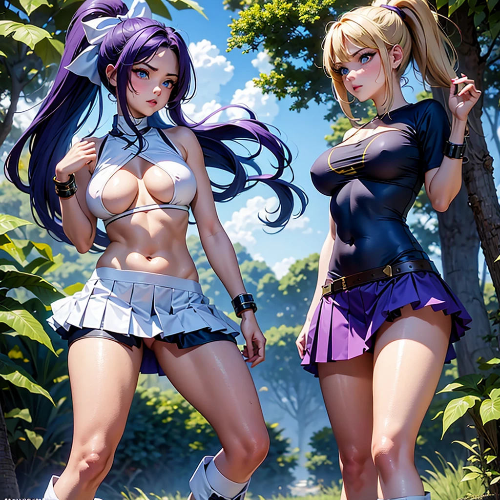 super quality, many details, a sexy warrior, with a short skirt, holding a bow, with a low-cut T-shirt, big breasts, big blue eyes, hair in a ponytail, piercing gaze, boots, hair in two shades of purple and blue, wide bracelets on the hands, a jungle in the background, tanned skin, athletic constitution, provocative,