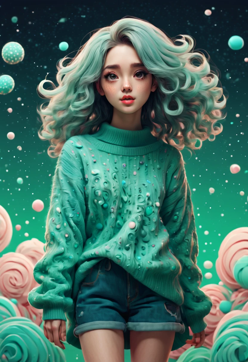 (best quality, highres, ultra sharp), (magical cute girl:1.2). Standing, Full body view, long legs. unique style, standing, long neck, large head, exaggerated hair, fluffy hair, small freckles, exaggerated expression, surreal, duck egg green sweater with small dots, details, horsehair, fluffy, socks, magic background, hand-drawn style,pencil drawing,cute, flowing lines, clean and crisp outlines, clean composition, zentangle hair style, art deco, zentangle, 3d crunch, cinematic,