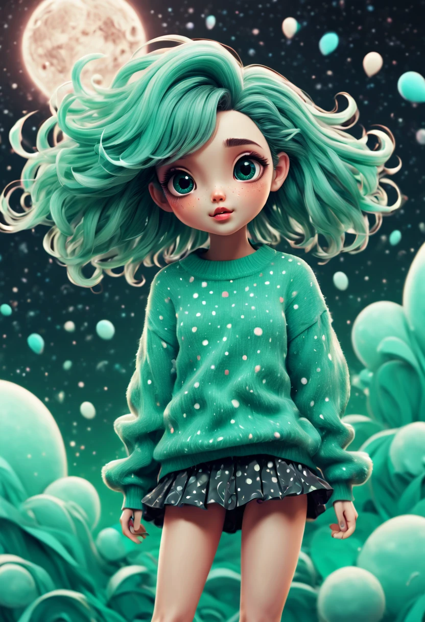 (best quality, highres, ultra sharp), (magical cute girl:1.2). Standing, Full body view, long legs. unique style, standing, long neck, large head, exaggerated hair, fluffy hair, small freckles, exaggerated expression, surreal, duck egg green sweater with small dots, details, horsehair, fluffy, socks, magic background, hand-drawn style,pencil drawing,cute, flowing lines, clean and crisp outlines, clean composition, zentangle hair style, art deco, zentangle, 3d crunch, cinematic,