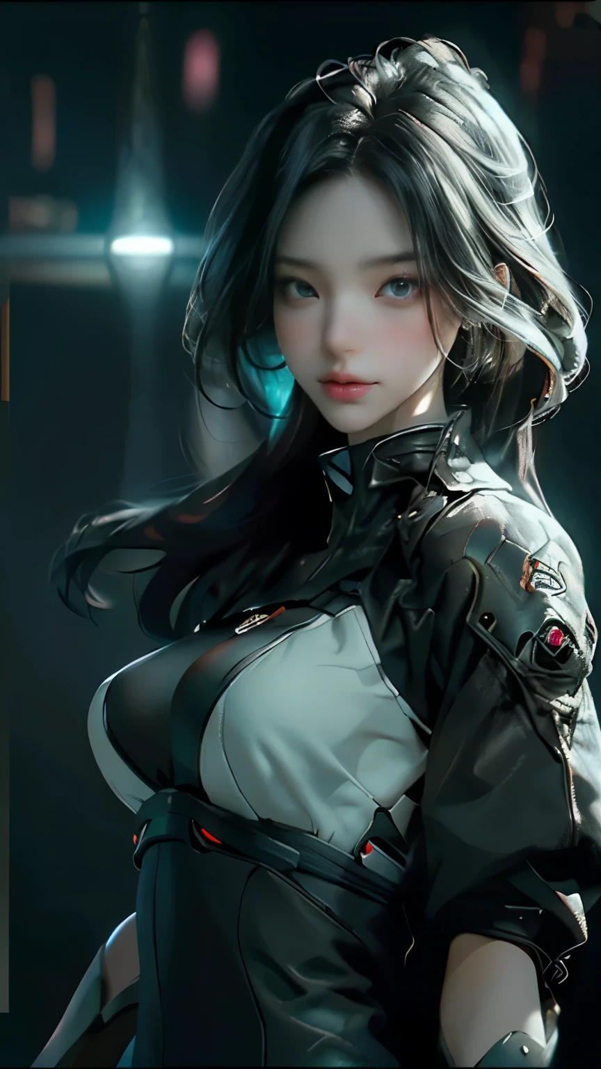 ((Best quality)), ((masterpiece)), (detailed:1.4), 3D, an image of a beautiful cyberpunk female,HDR (High Dynamic Range),Ray Tracing,NVIDIA RTX,Super-Resolution,Unreal 5,Subsurface scattering,PBR Texturing,Post-processing,Anisotropic Filtering,Depth-of-field,Maximum clarity and sharpness,Multi-layered textures,Albedo and Specular maps,Surface shading,Accurate simulation of light-material interaction,Perfect proportions,Octane Render,Two-tone lighting,Wide aperture,Low ISO,White balance,Rule of thirds,8K RAW, cool beauty,tall female,Precisely expresses details such as face and skin texture,beautiful eye, double eyelid,delicate skin,slender body shape,alone,enormous breasts,whole body ,