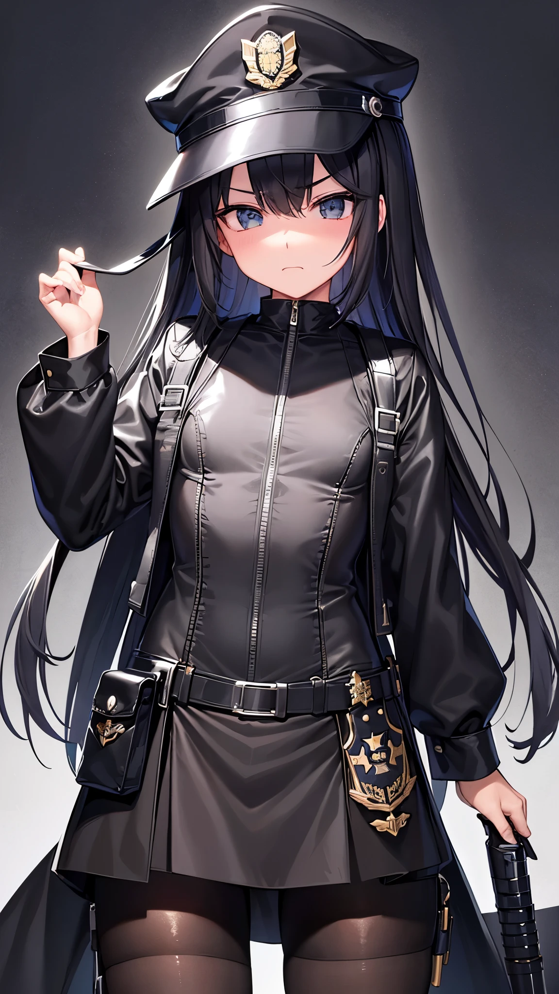 masterpiece, highest quality, super detailed、1 girl、police officer、長いblack髪、Restricted hat、hat、blackい瞳、angry face、narrow eyes、flat chest、black body suit、whole body、black pantyhose、whole body、standing、black boots、belt Large buckle、holster、High leg、