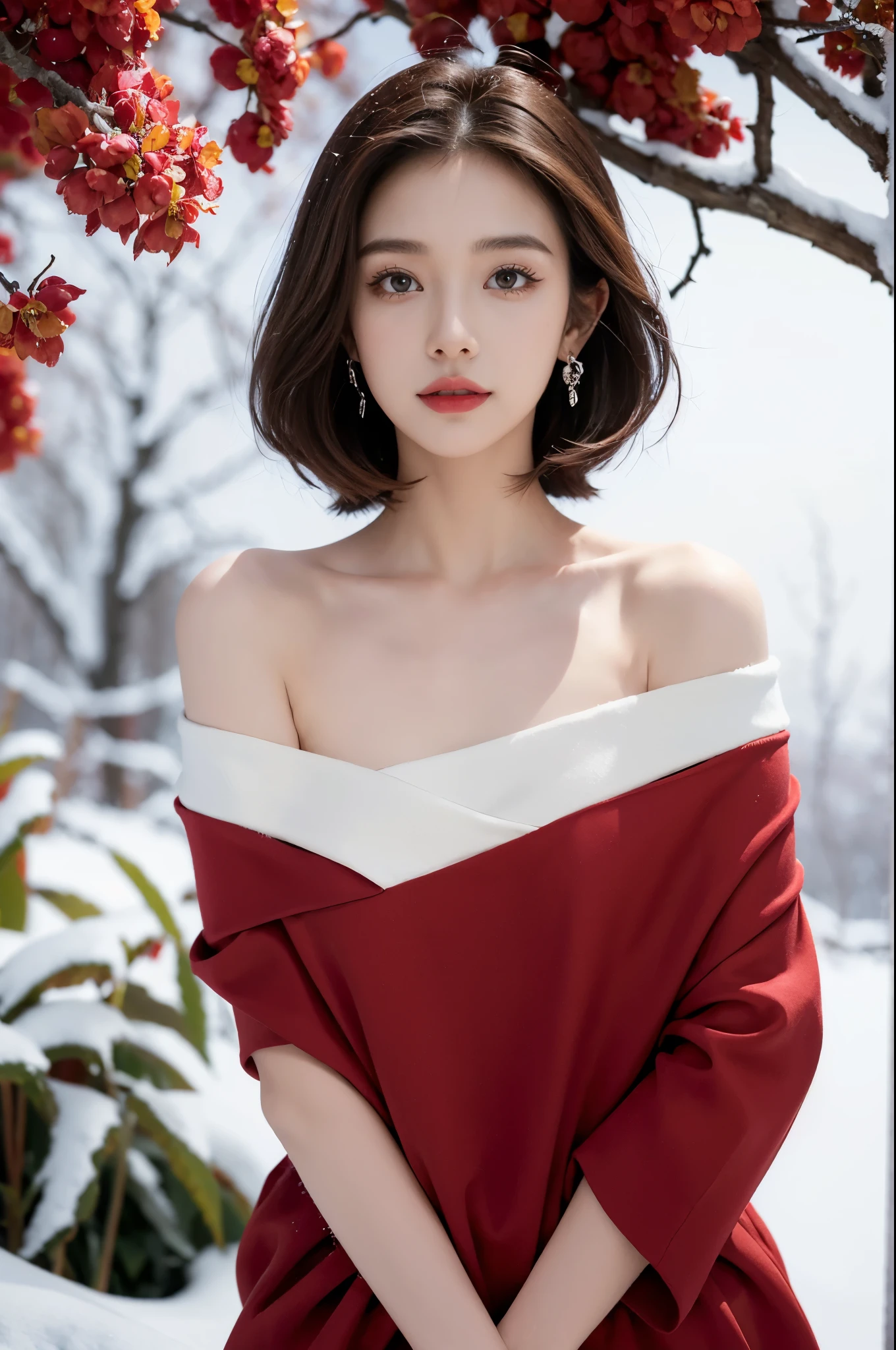 (((best quality))),(((ultra detailed))),(((masterpiece))),illustration,1girl,bare shoulders,bare tree,branch,small breasts,slim,detailed eyes,red plum blossom,earrings,jewelry,red lips,shoulder length straight bob hair,looking at viewer,nature,off shoulder,photo (medium),pillarboxed,smile,solo,torn clothes,red dress,snow scape,Ink painting style background