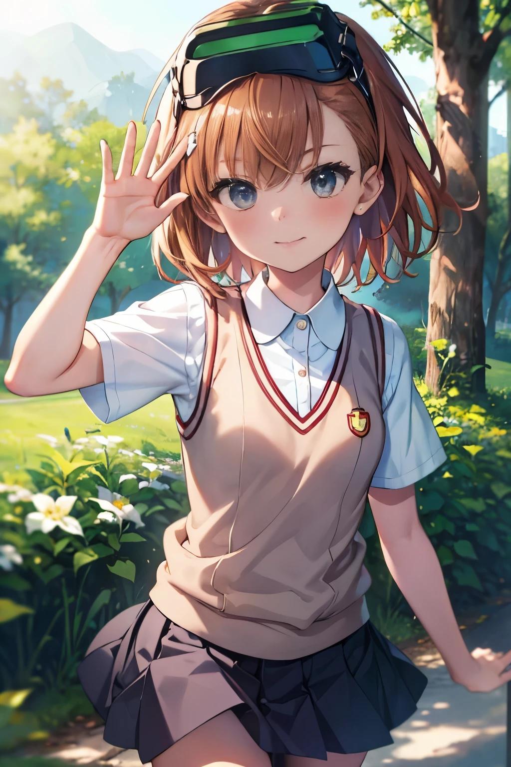 masterpiece, highest quality, High resolution,
Misaka sister def, 1 girl, alone, blush,smile,cover, short hair, brown hair, black eye, null虚な目, goggles, goggles on head, head mounted display, 
school uniform, sweater vest, shirt, skirt, pleated skirt, white shirt, V-neck, short sleeve, tokiwadai school uniform, misaka imouto, 
Upper body, looking at the viewer, waving, waving arms, outdoors, forest, field, null, blue null, sunlight, 