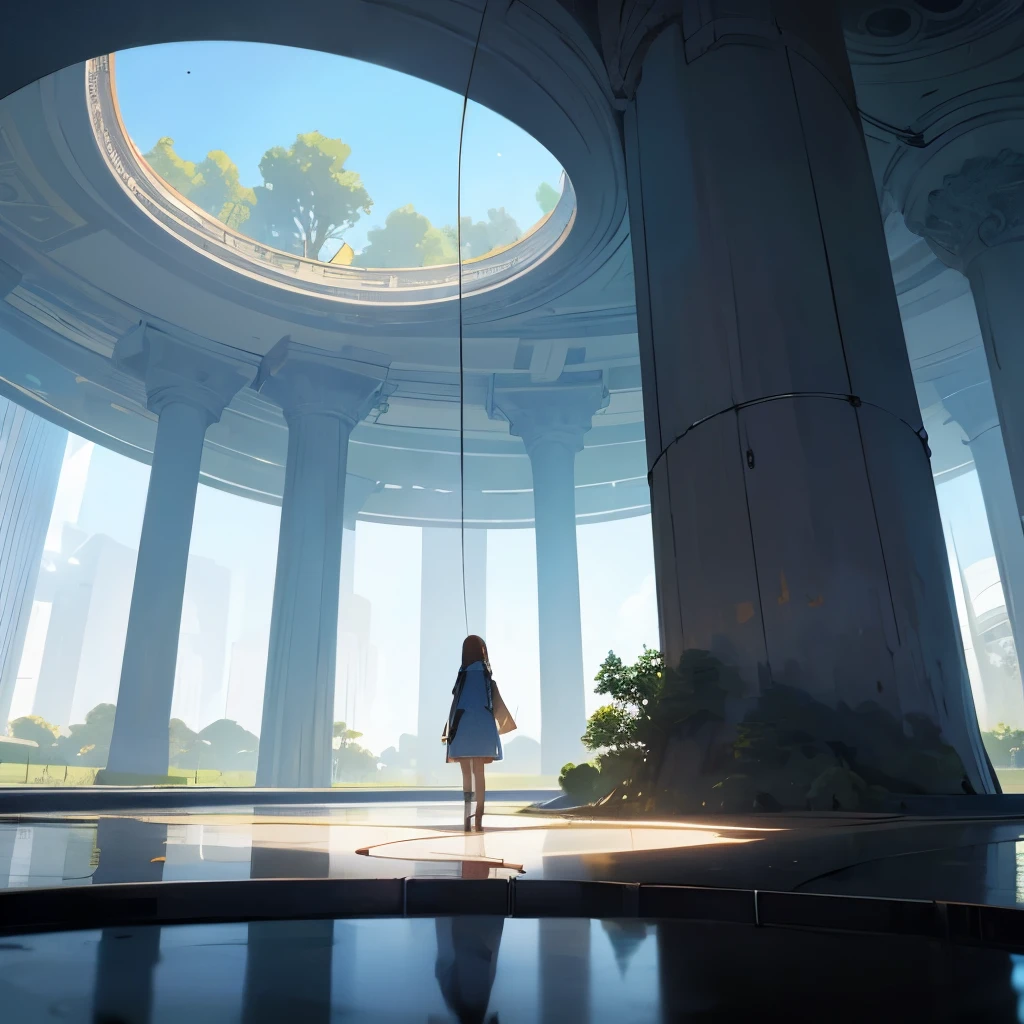You are in a huge empty room, reminiscent of the theater of the future. The entire interior of the surrounding space is white, interspersed with design from the distant future. There is a huge tree in the very center of the room., standing on a small island. There are many cords and wires connected to the tree, going in different directions, creating a mysterious labyrinth. There is a lake around the tree, resembling a round pool, Filled with water. Looking up to the ceiling, you notice a round hole in the very center, through which the sky looks, illuminated by the sun's rays, that gently fall on this majestic tree